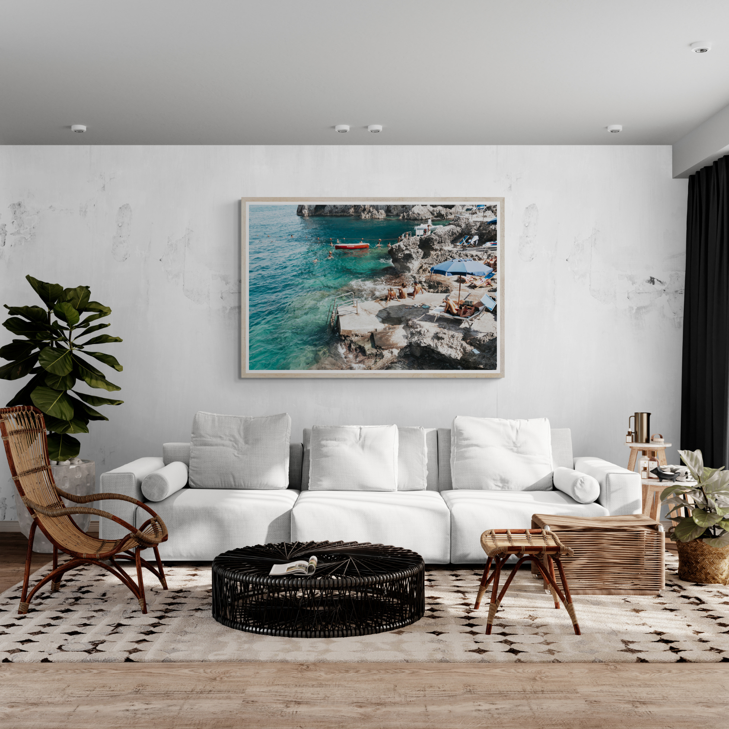 Serenity By The Sea fine art print styled above a couch in a living room