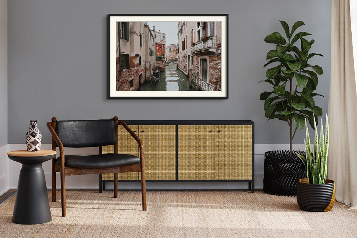 Framed street photograph above a low console with a leafy plant