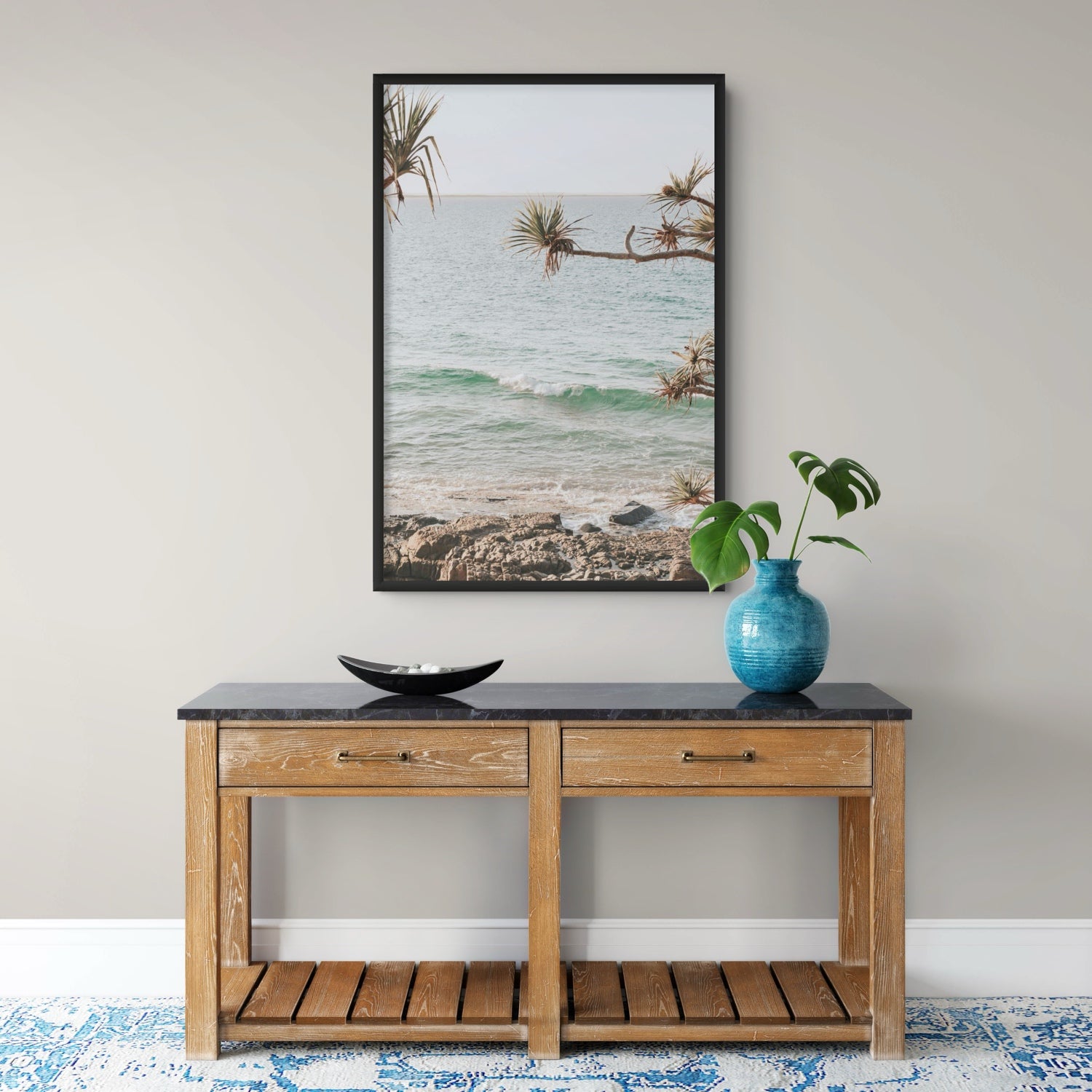 Lifestyle image of Good Vibrations fine art print, Noosa, Australia, coastal scenes artwork, 01 good vibrations a black full bleed pg