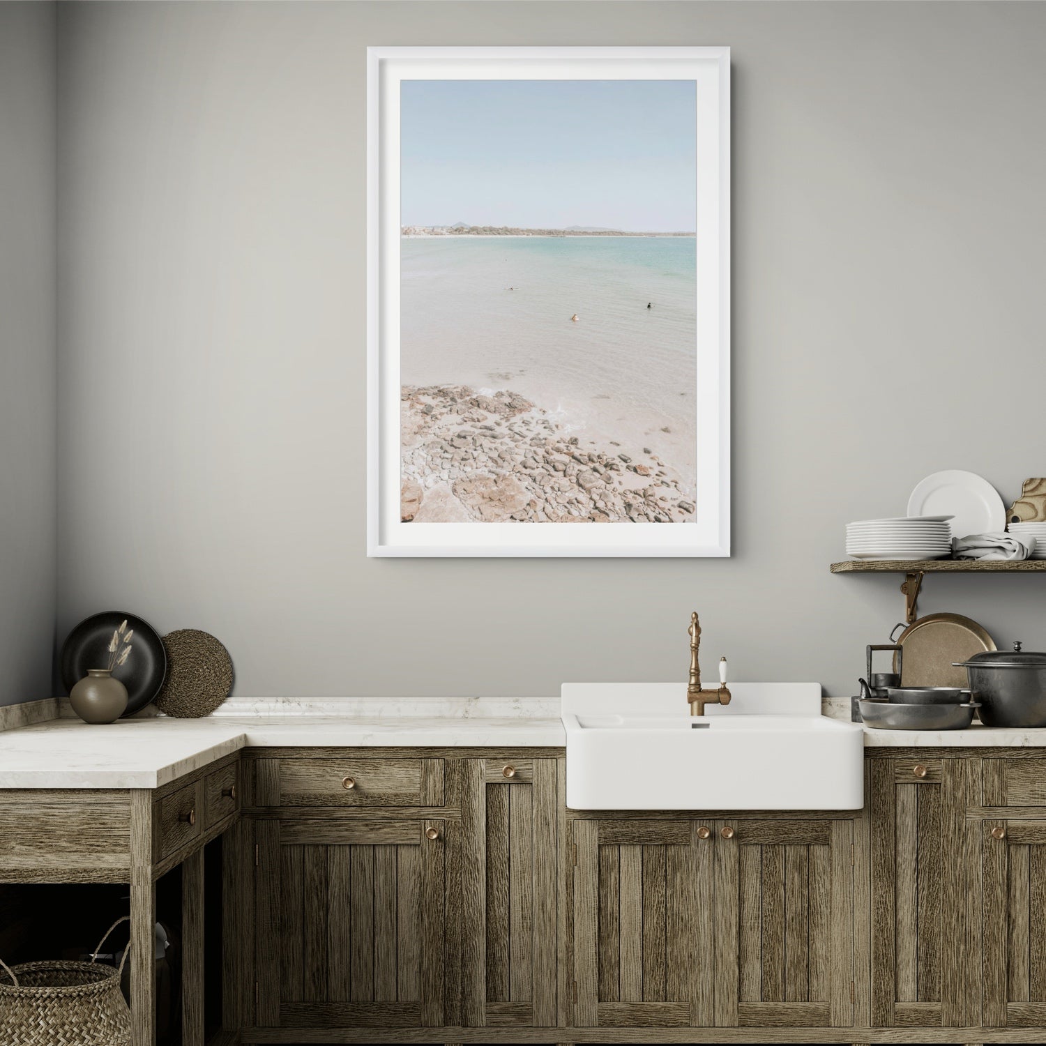 Lifestyle image of Sweet Serotonin fine art print, Noosa, Australia, coastal scenes artwork, 01 sweet serotonin a white mat frame