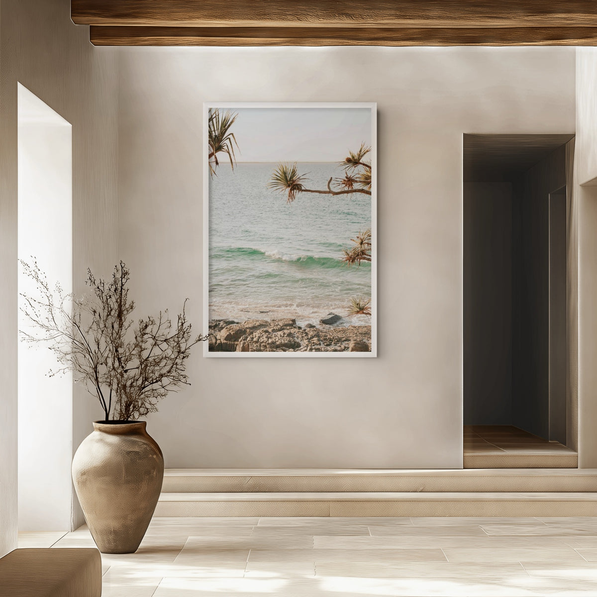 Good Vibrations Noosa fine art photography print styled in a warm plaster-walled room
