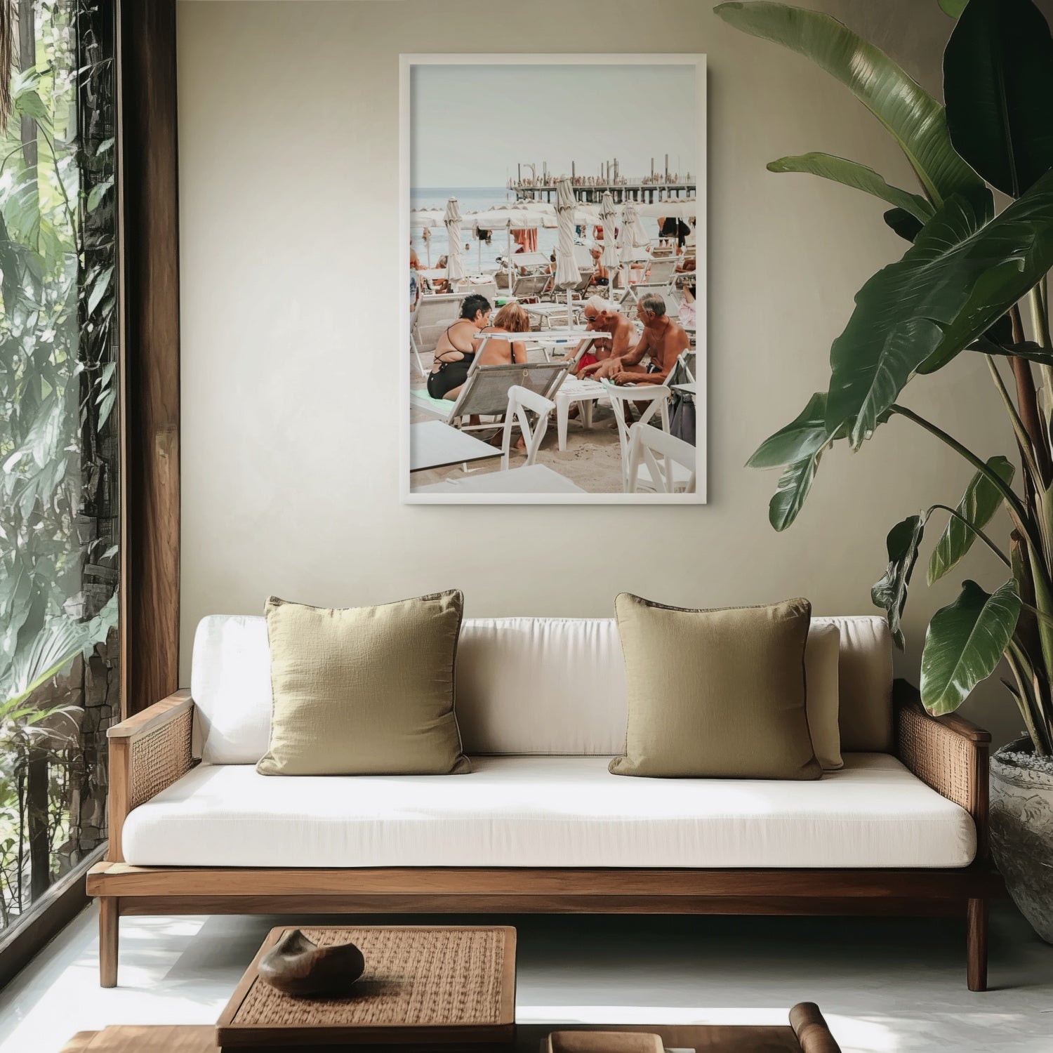 Lifestyle image of Salted Shuffle fine art print, Alassio, Italy, people and locals artwork, 03 salted shuffle a white full bleed