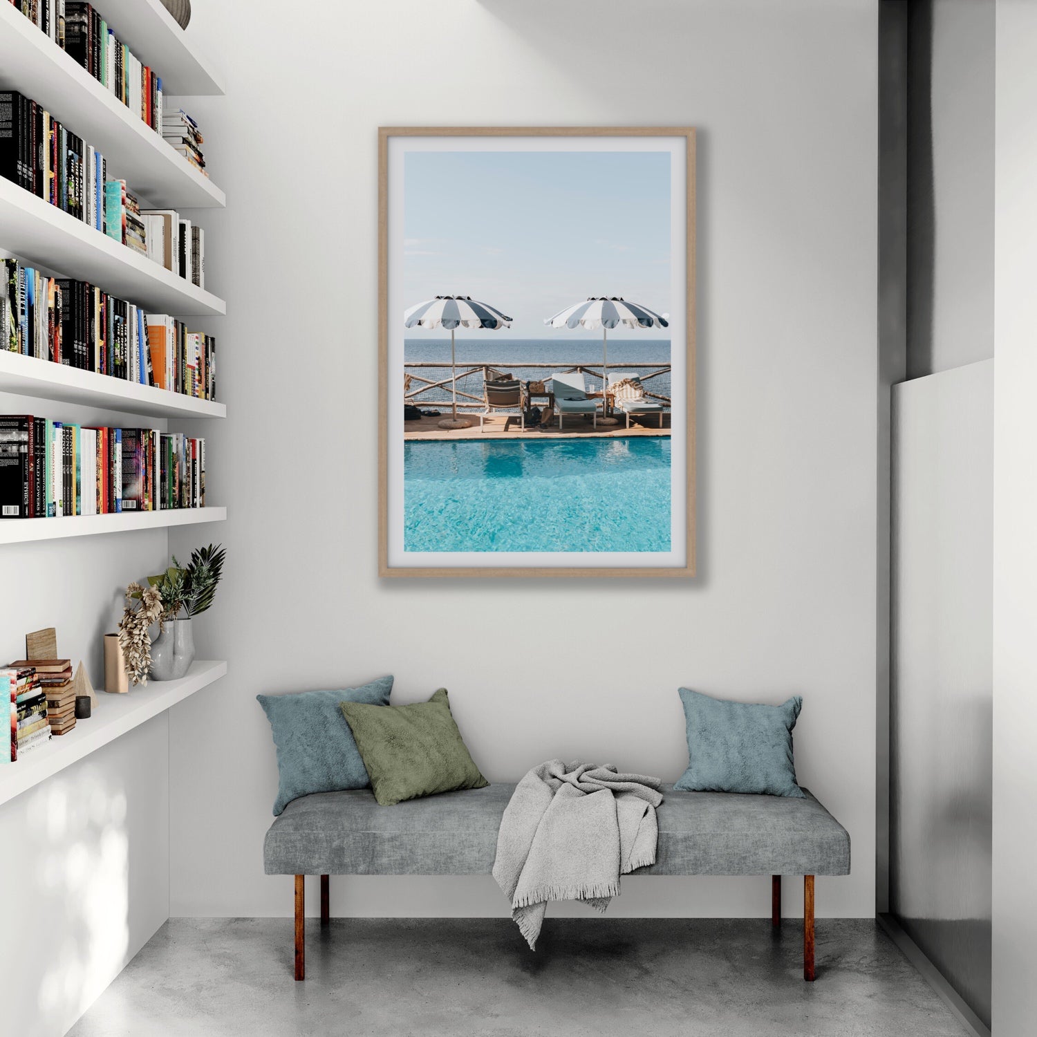 Lifestyle image of Beach Retreat fine art print, Ischia, Italy, european beach clubs artwork, 04 beach retreat canvy natural frame rooms