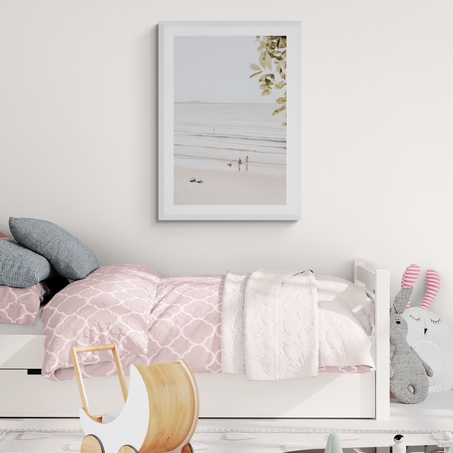 Lifestyle image of Walking On Sunshine fine art print, Noosa, Australia, coastal scenes artwork, 04 walking on sunshine c white frame