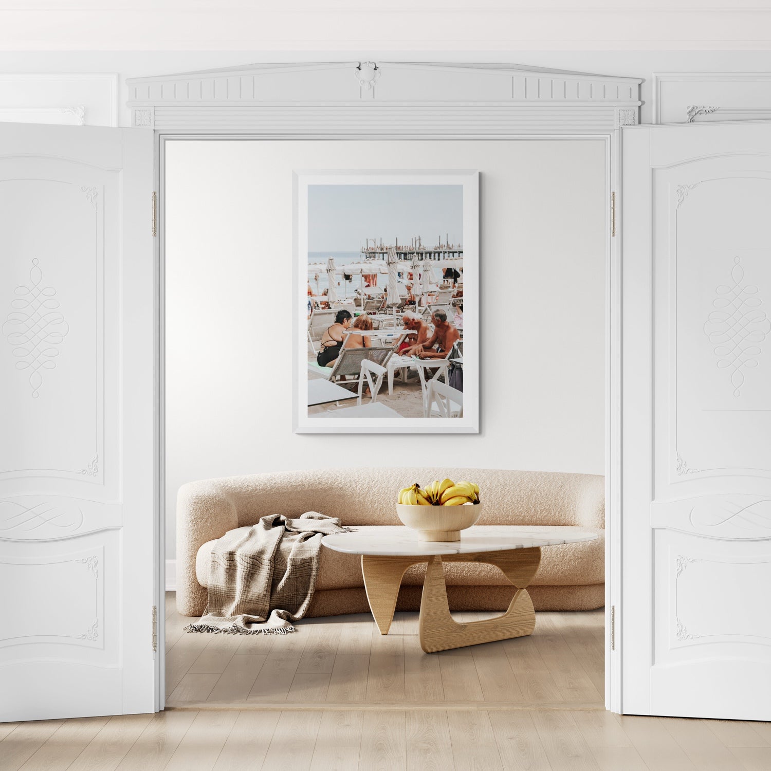 Lifestyle image of Salted Shuffle fine art print, Alassio, Italy, people and locals artwork, 05 salted shufflr c white frame 2
