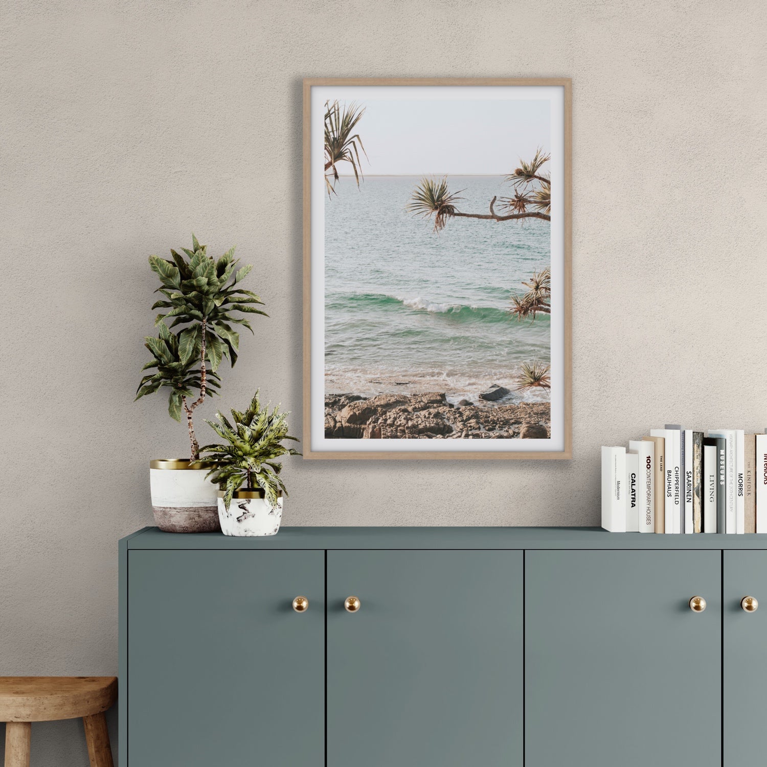 Lifestyle image of Good Vibrations fine art print, Noosa, Australia, coastal scenes artwork, 06 good vibrations canvy natural frame rooms