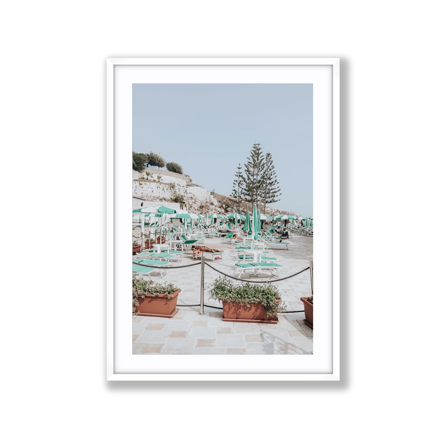Siesta on The Terrace Puglia coastal wall art Extra Large fine art print in white frame with matboard