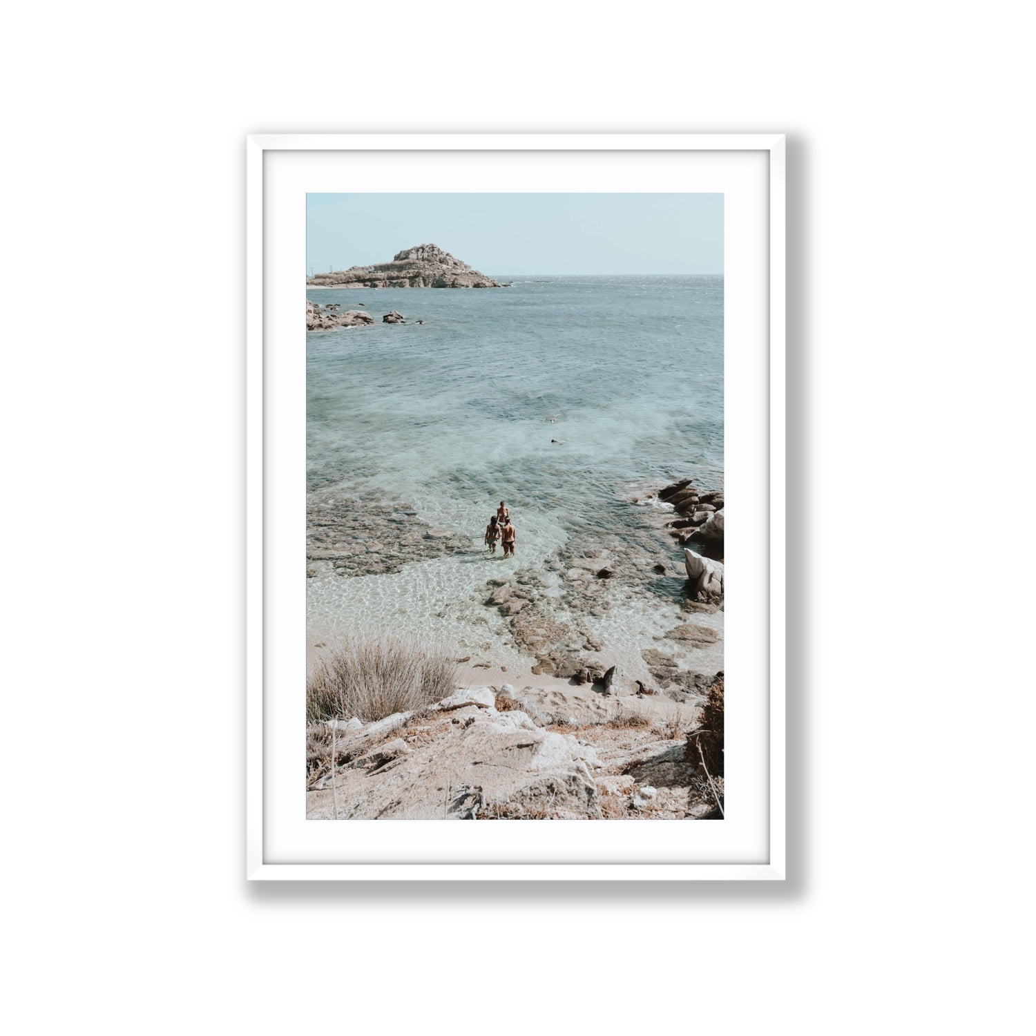 Island Life Mykonos coastal Greek island wall art Extra Large fine art print in white frame with matboard
