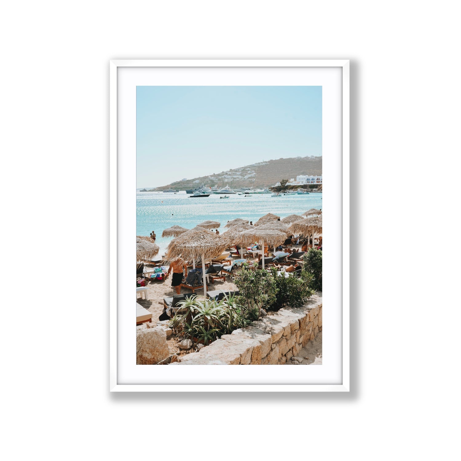 Beachside Huts Mykonos Greek island wall art Extra Large fine art print in white frame with matboard