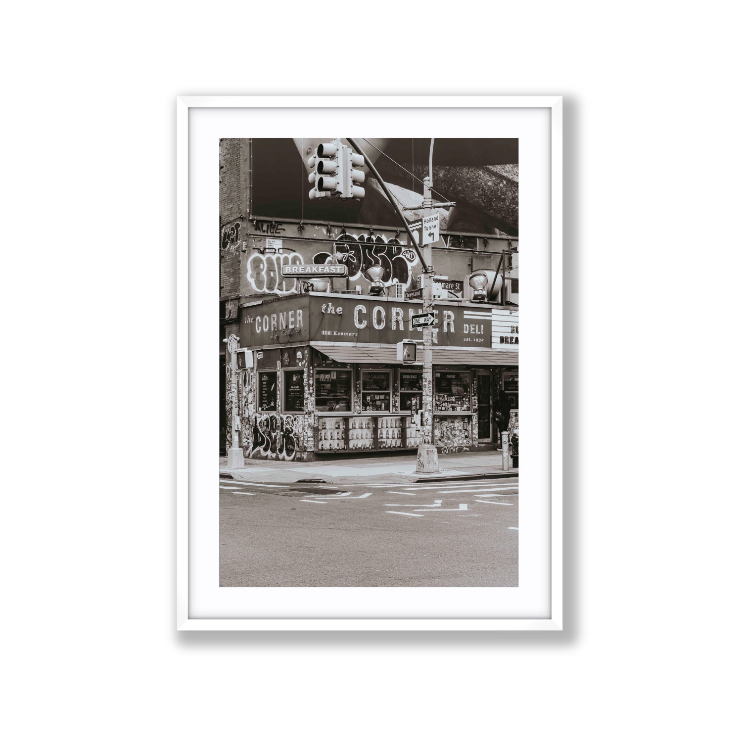 Soho Deli New York NYC Black & White wall art Extra Large fine art print in white frame with matboard