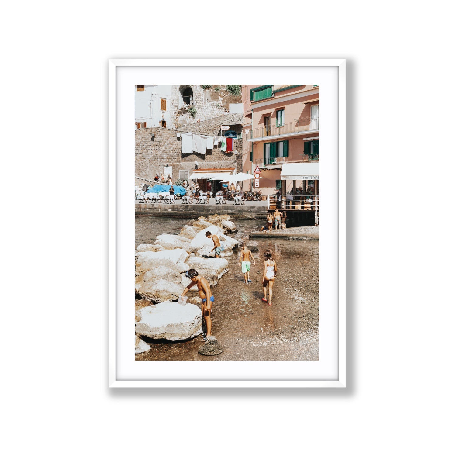 The Beachcombers Sorrento beach coastal wall art Extra Large fine art print in white frame with matboard