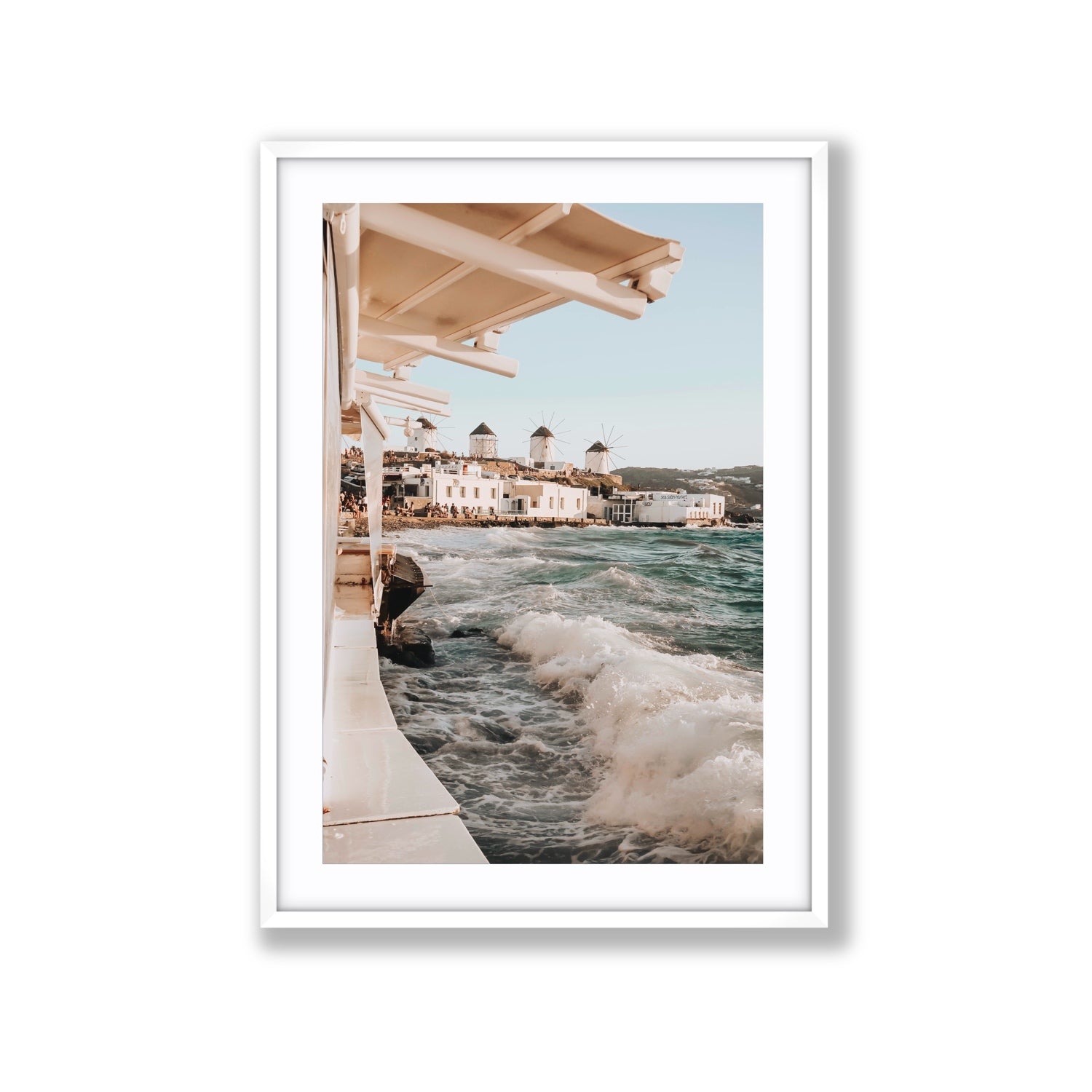 Windmills Mykonos Greek island wall art Extra Large fine art print in white frame with matboard