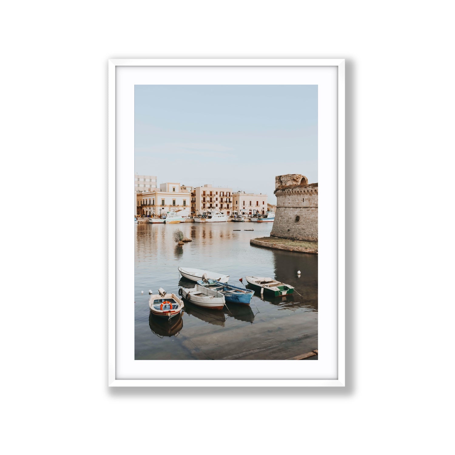 Gallipoli Harbour Puglia coastal wall art Extra Large fine art print in white frame with matboard