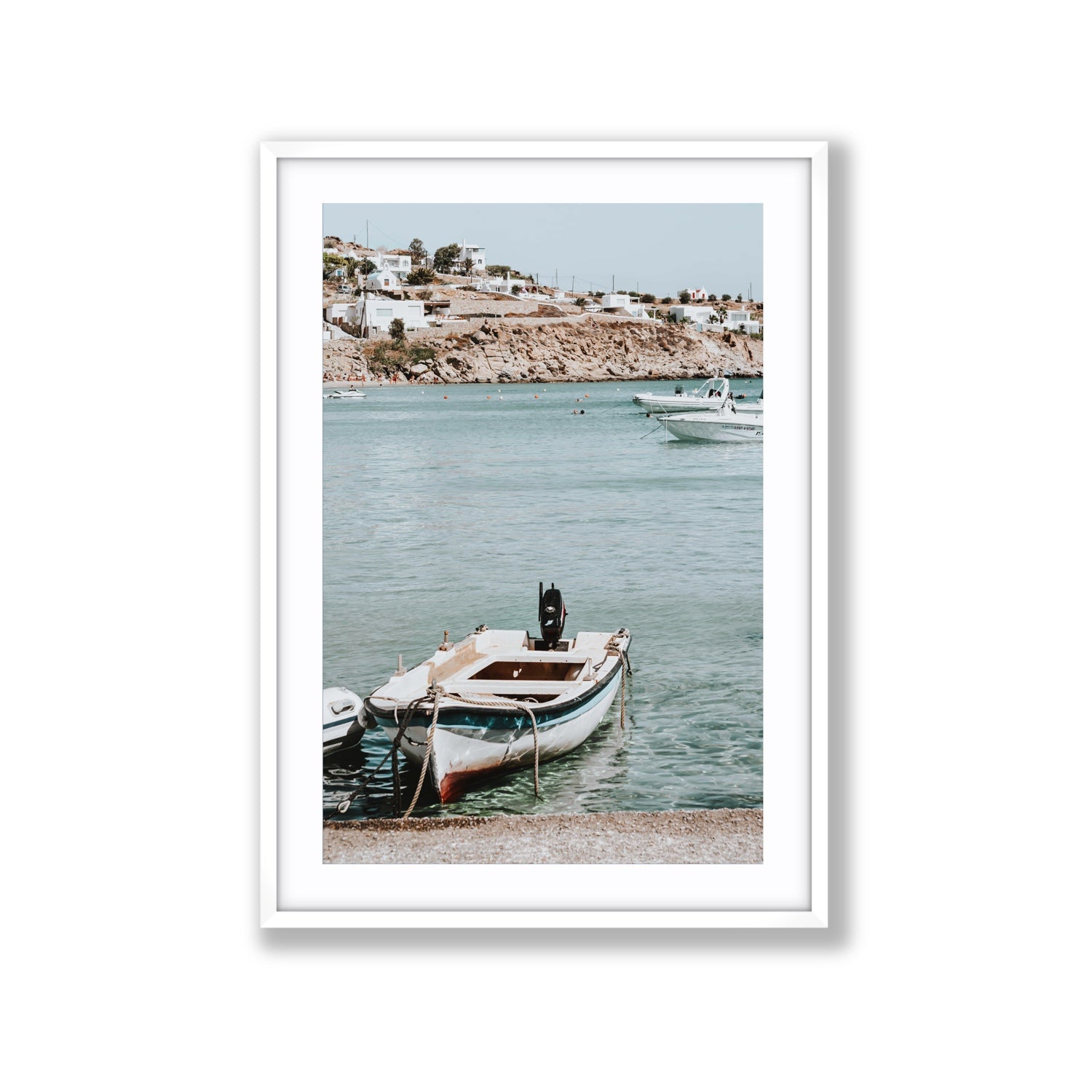 Classic Wheels Mykonos Greek island wall art Extra Large fine art print in white frame with matboard