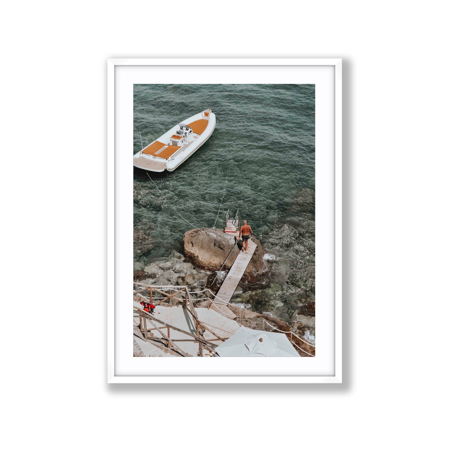 Secret Cove Tuscany coastal Italian wall art Extra Large fine art print in white frame with matboard