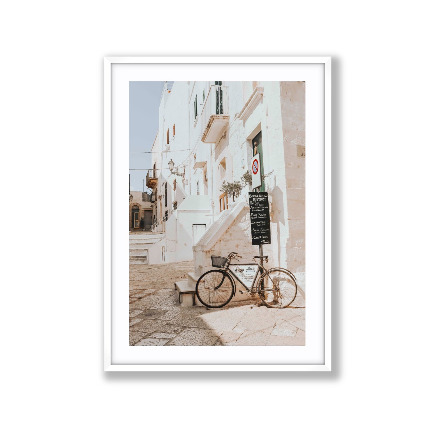 La Bicicletta Puglia Ostuni wall art Extra Large fine art print in white frame with matboard