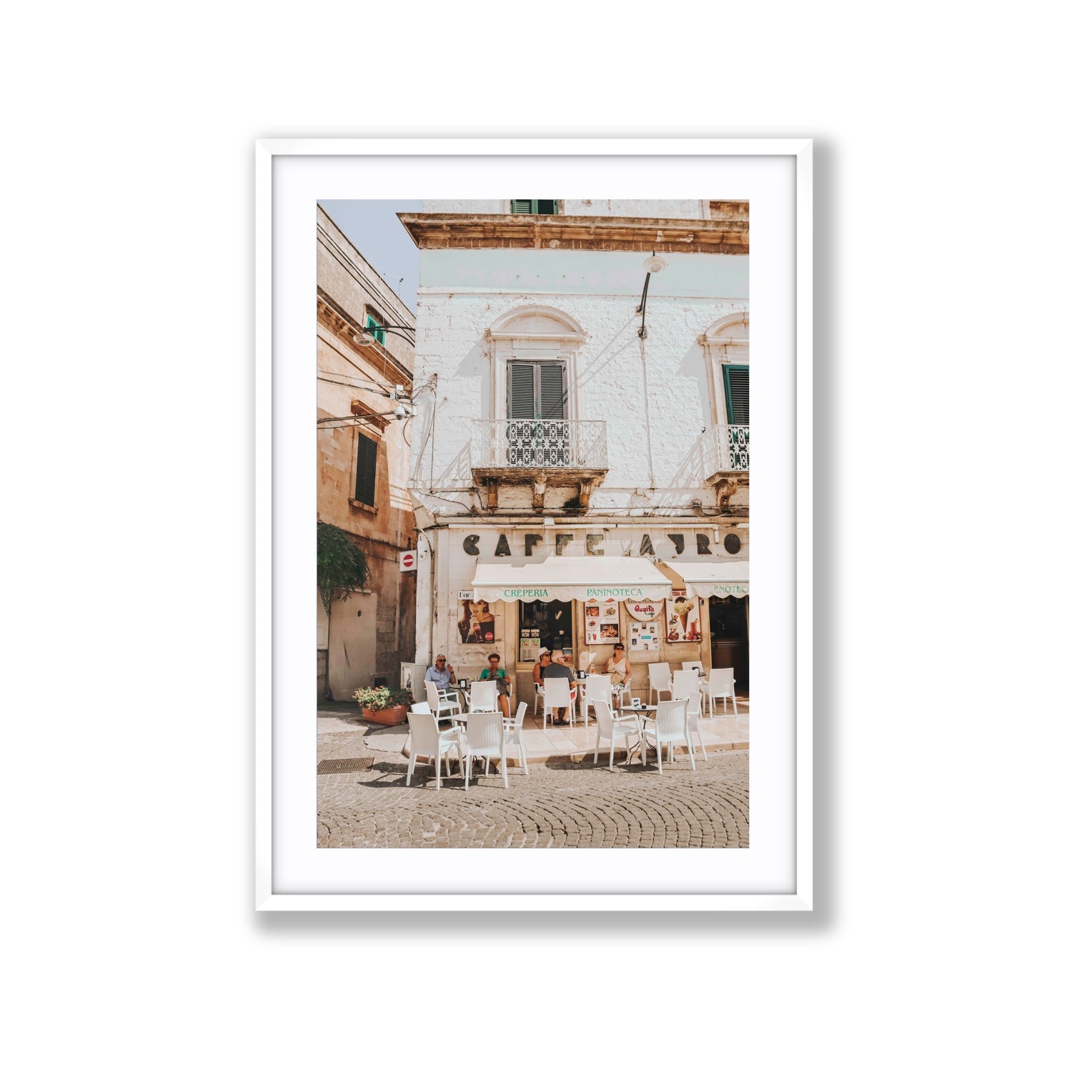 Cafe Ostuni Puglia Café Ostuni Italian wall art Extra Large fine art print in white frame with matboard