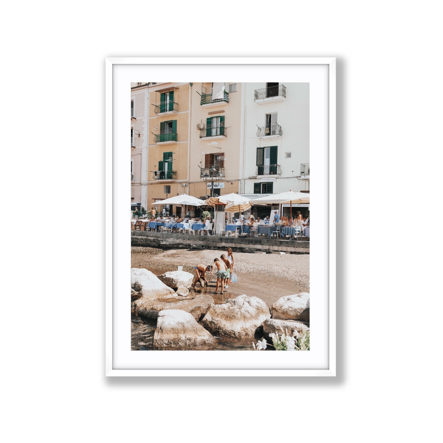 Sunny Playtime Sorrento coastal wall art Extra Large fine art print in white frame with matboard