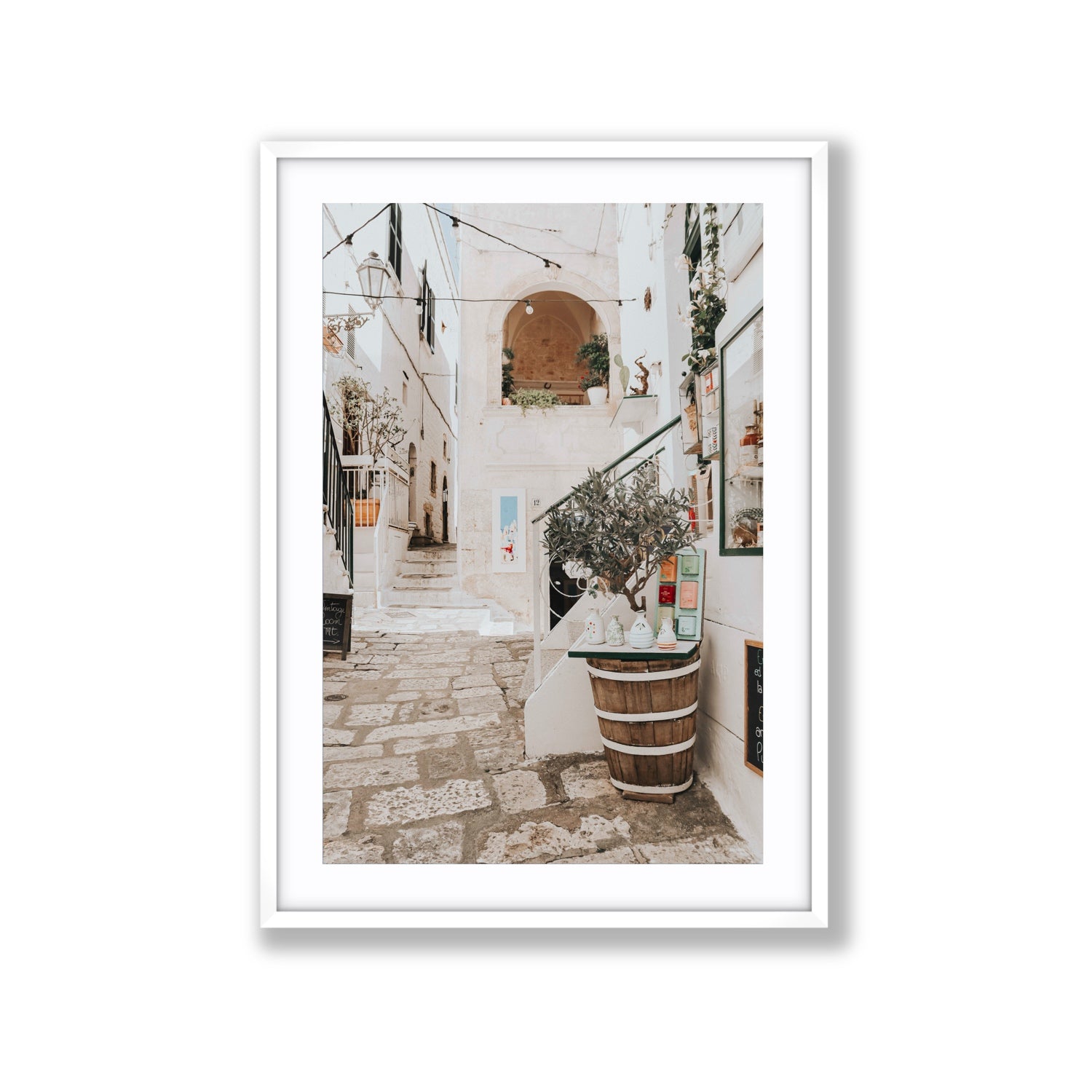 Olive Tree Lane Puglia Ostuni Mediterranean decor wall art Extra Large fine art print in white frame with matboard