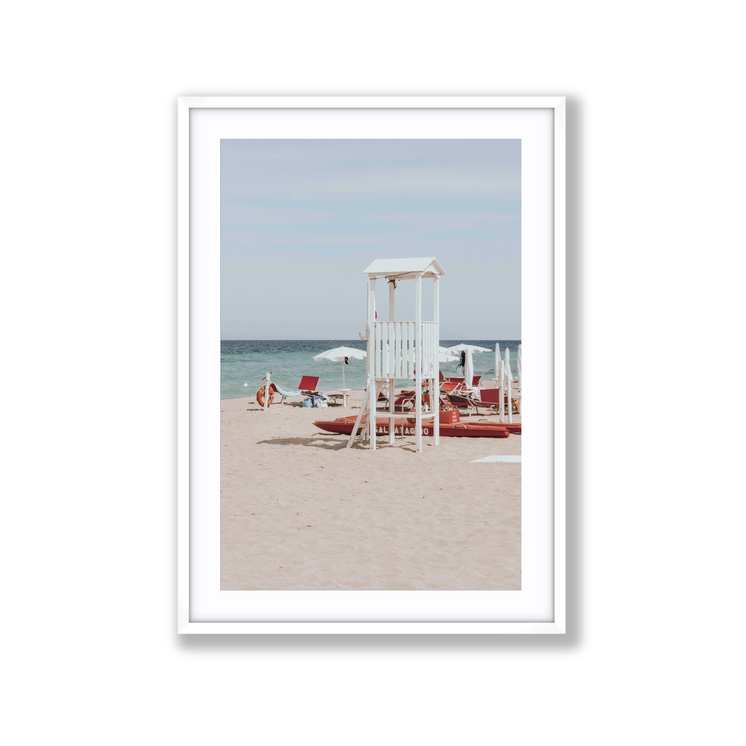 Barefoot Bliss Puglia beach Italian coastal decor wall art Extra Large fine art print in white frame with matboard