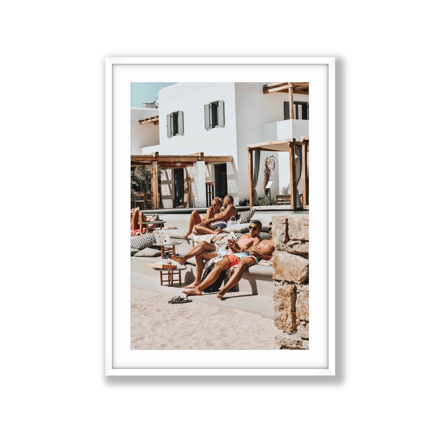 Style That Sizzles Mykonos Greek island wall art Extra Large fine art print in white frame with matboard
