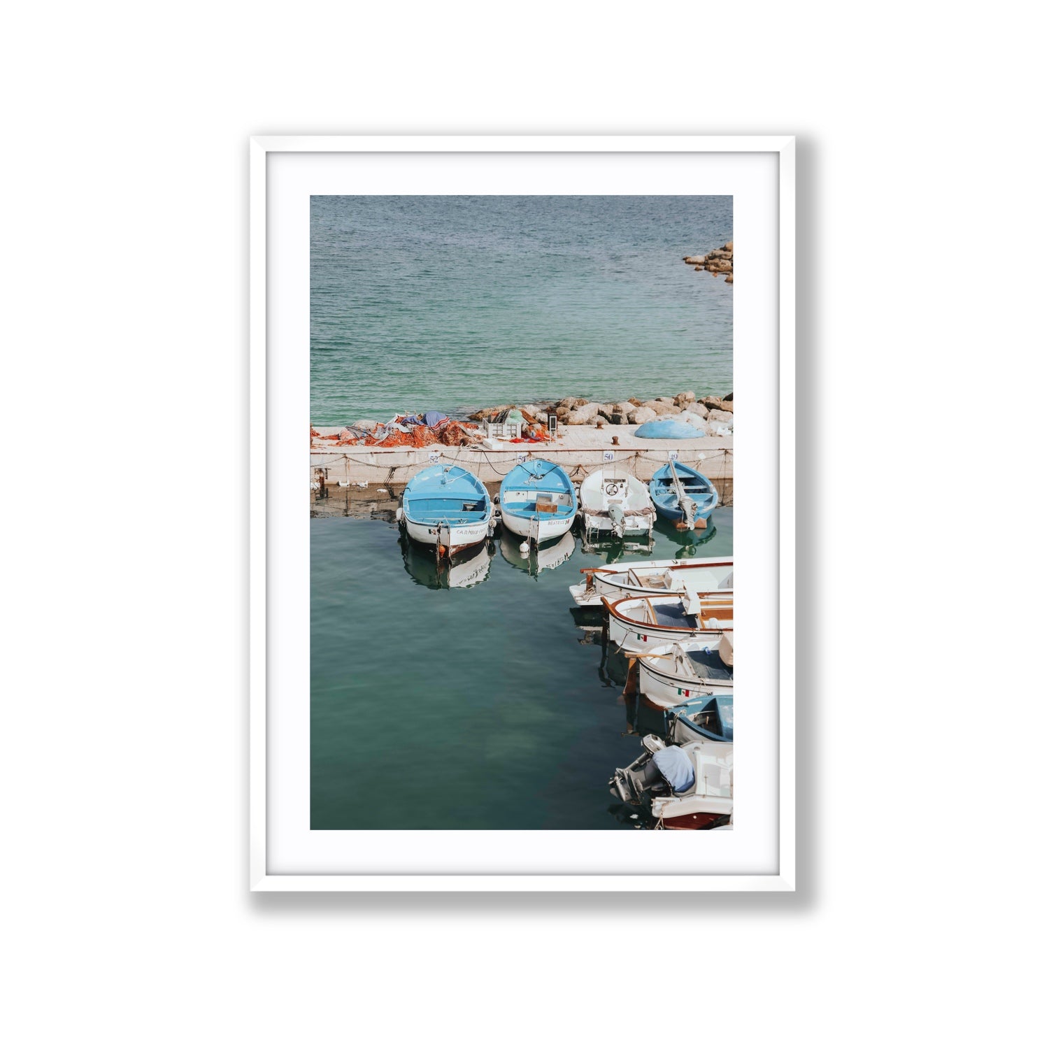 Maritime Memories Puglia Harbour Reflections coastal wall art Extra Large fine art print in white frame with matboard