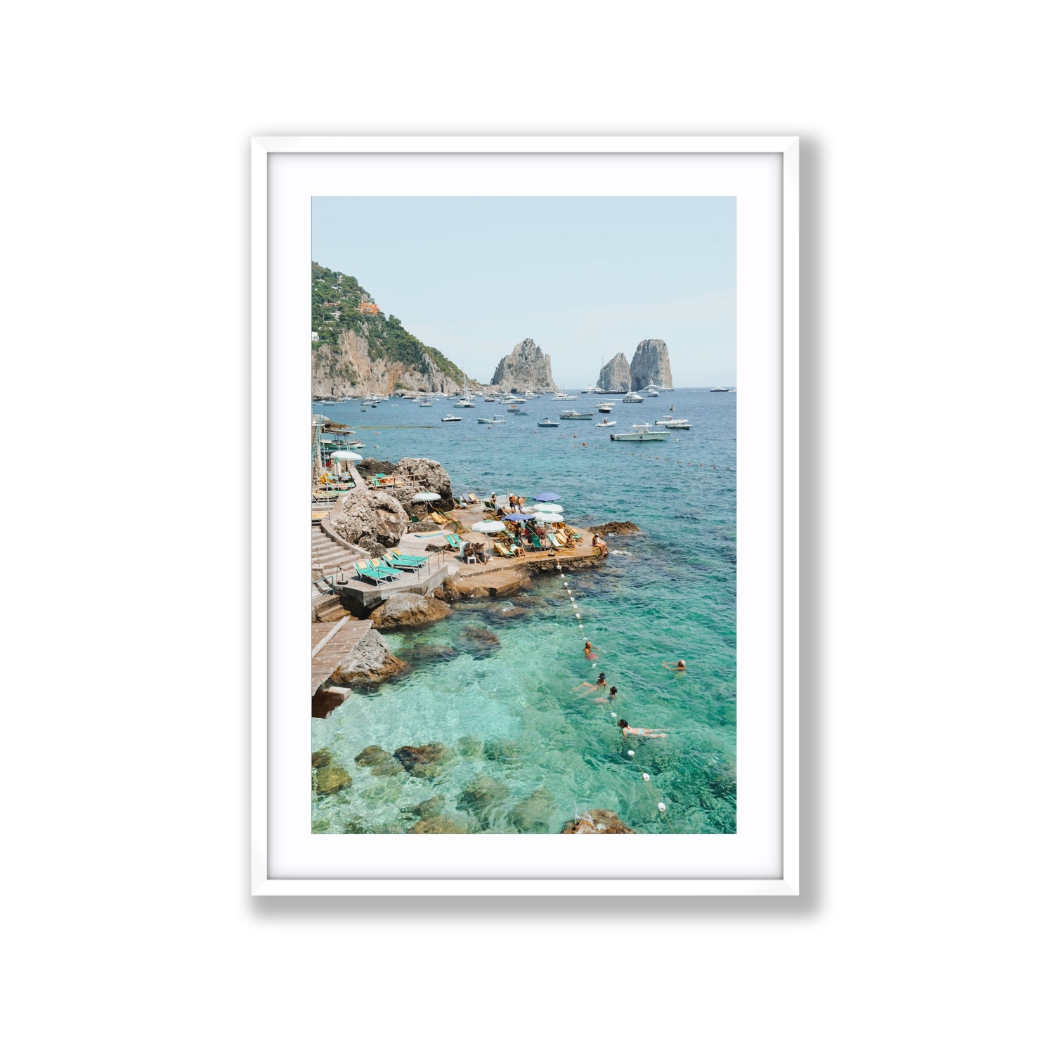Summertime Blues Capri Mediterranean wall art Extra Large fine art print in white frame with matboard