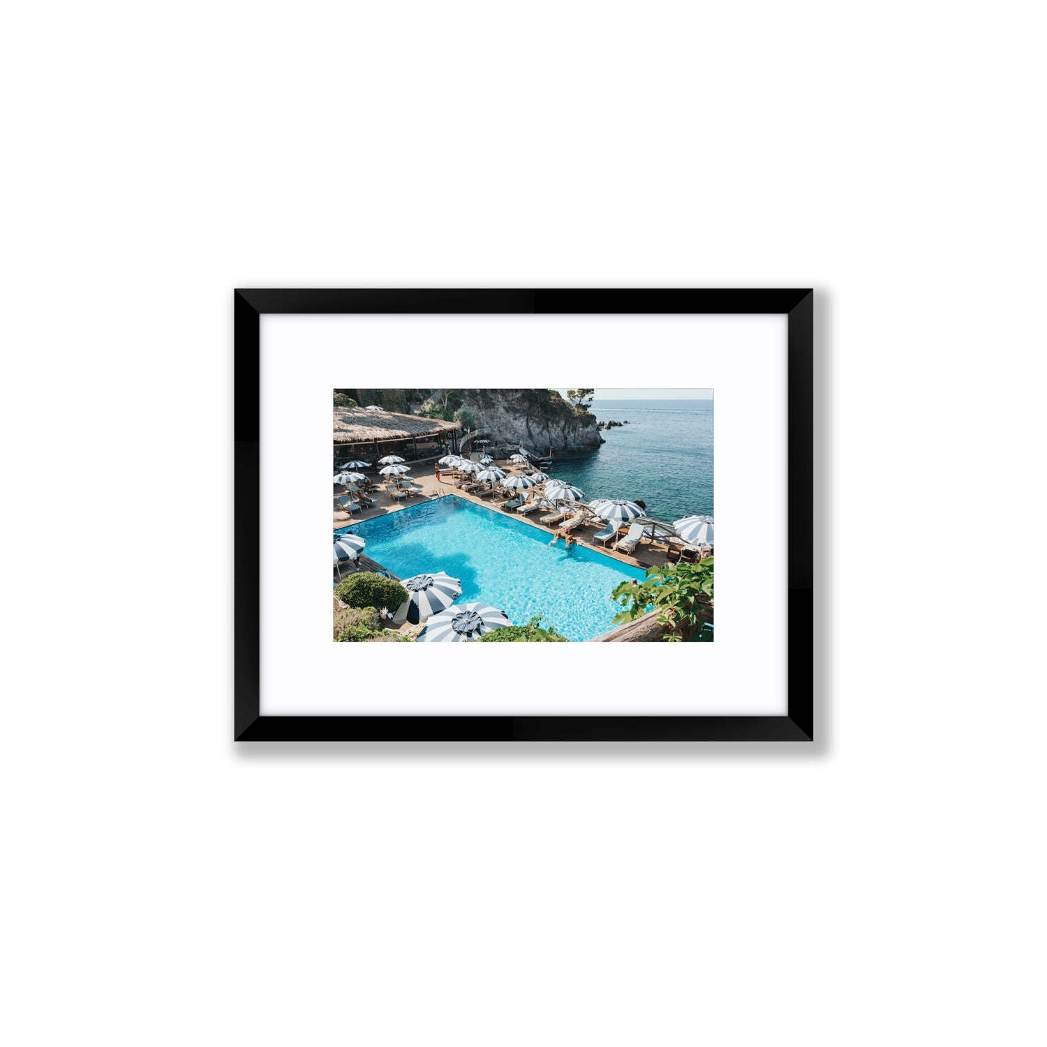 Oceanview Ischia Italian coastal wall art Small fine art print in black frame with matboard