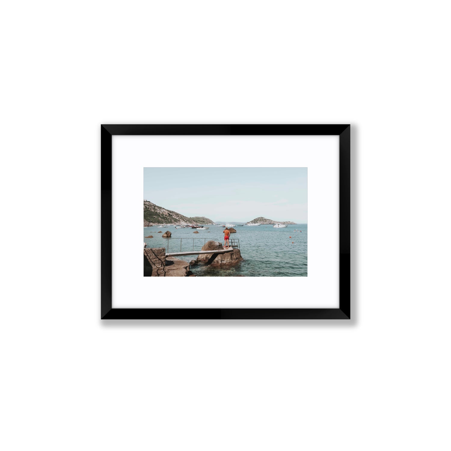 Out Of Office Tuscany coastal Italian wall art Small fine art print in black frame with matboard