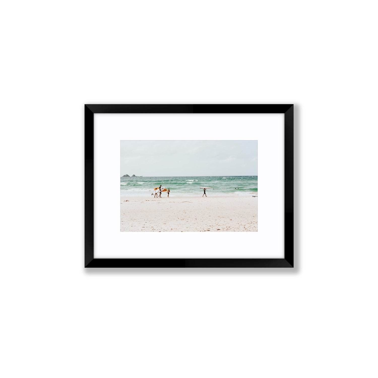 La Famiglia Byron Bay Family Surf coastal wall art Small fine art print in black frame with matboard