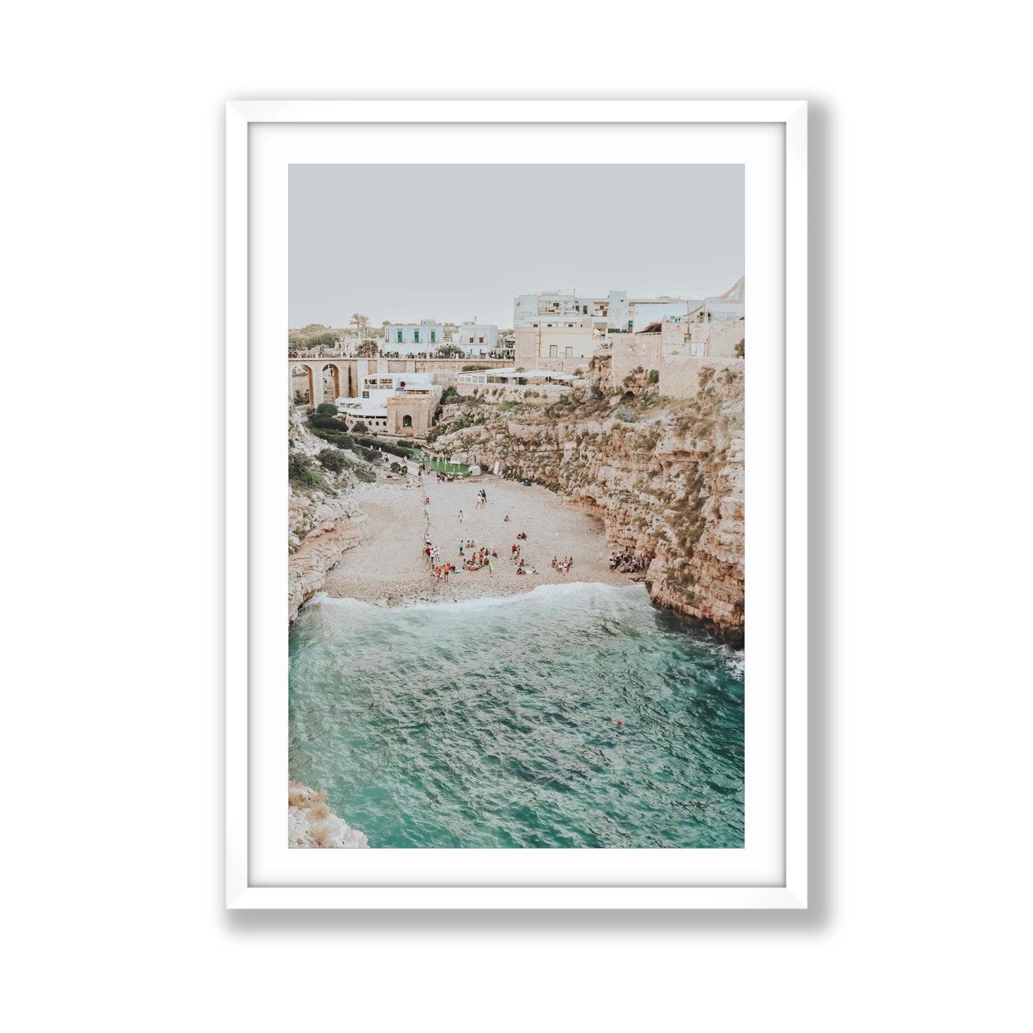 Polignano Vista Puglia coastal Italian beach fine art print Giant fine art print in white frame with matboard