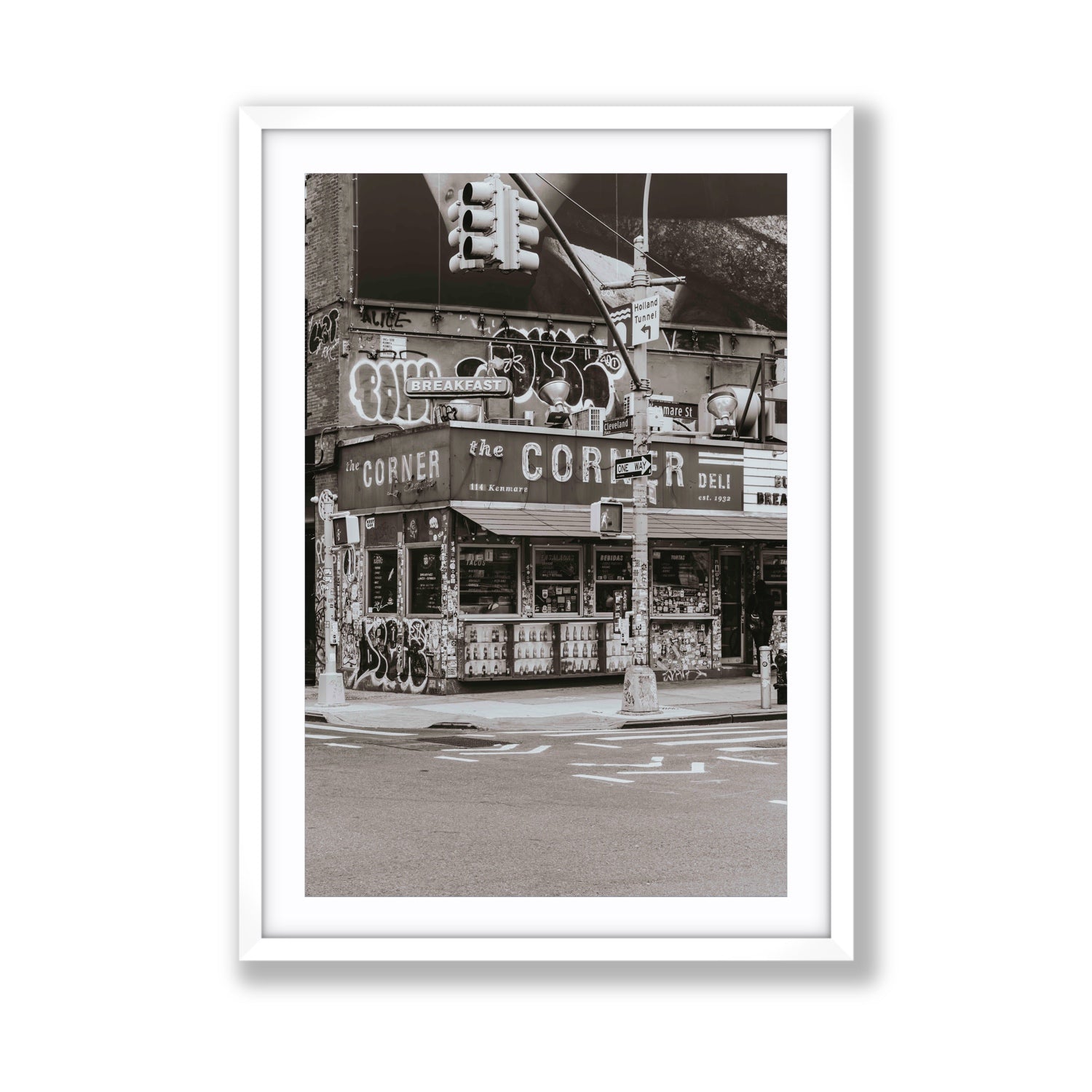 Soho Deli New York NYC Black & White wall art Giant fine art print in white frame with matboard