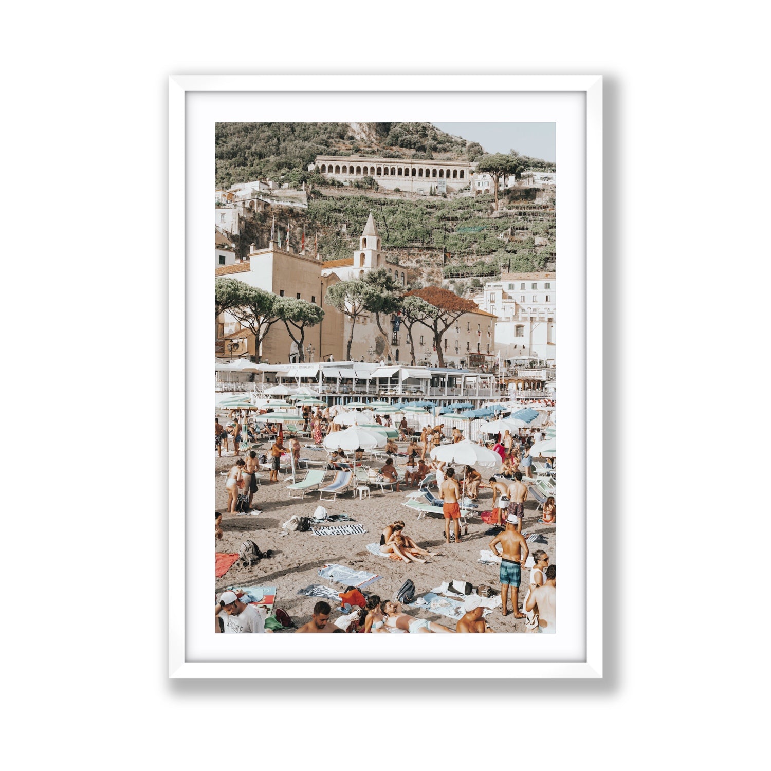Festa In Spiaggia Amalfi coastal wall art Giant fine art print in white frame with matboard