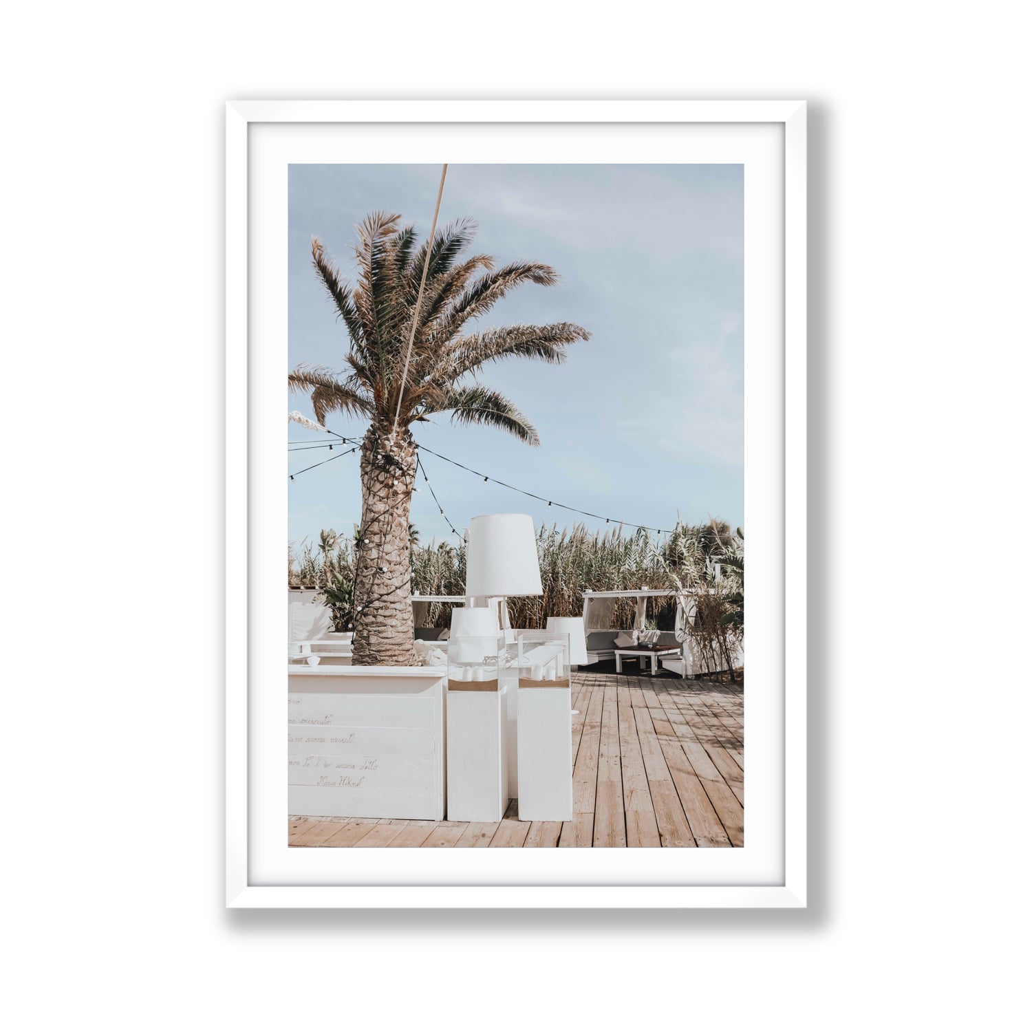 Seabreeze Palm Puglia coastal beach wall art Giant fine art print in white frame with matboard