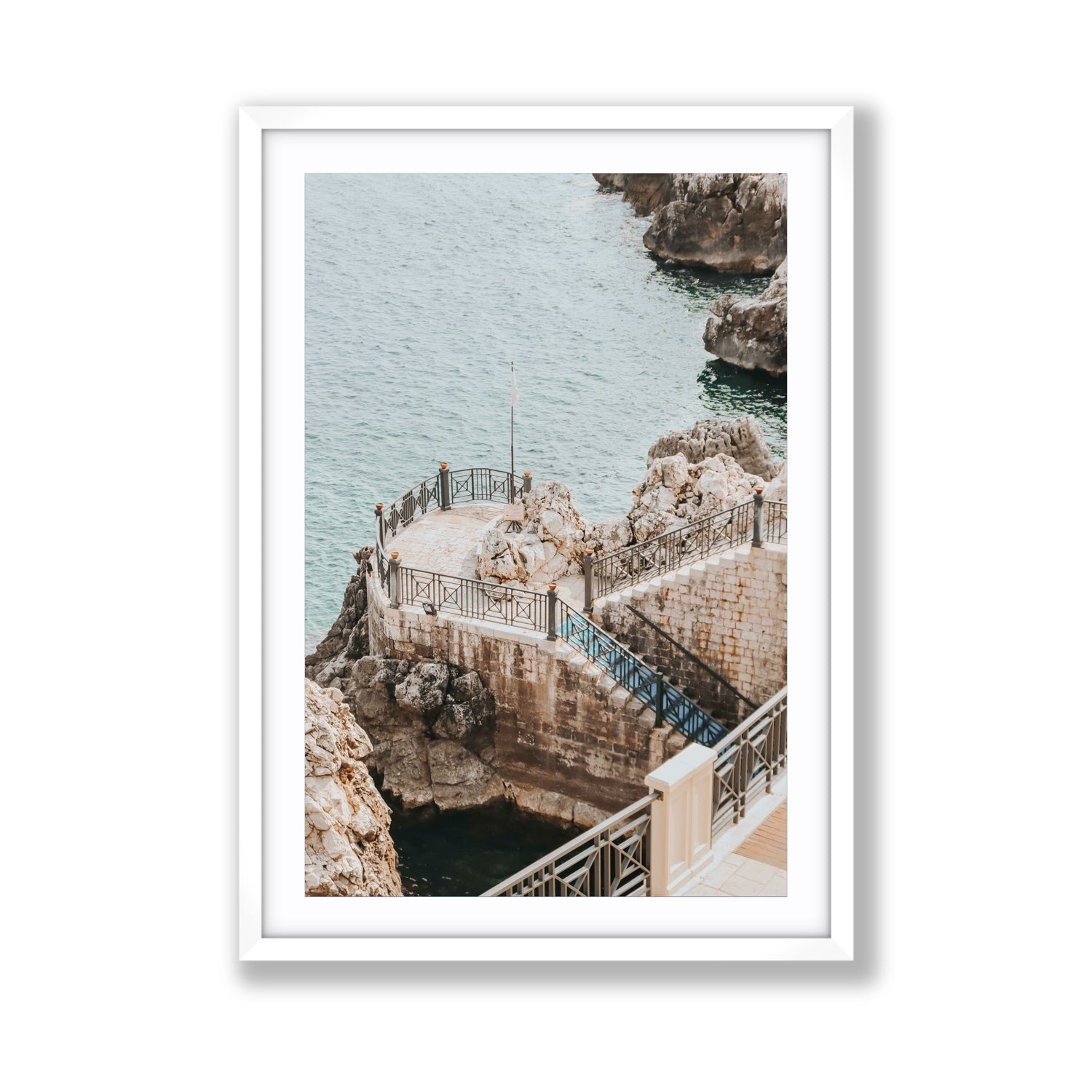 Tidal Staircase Puglia coastal Italian wall art Giant fine art print in white frame with matboard