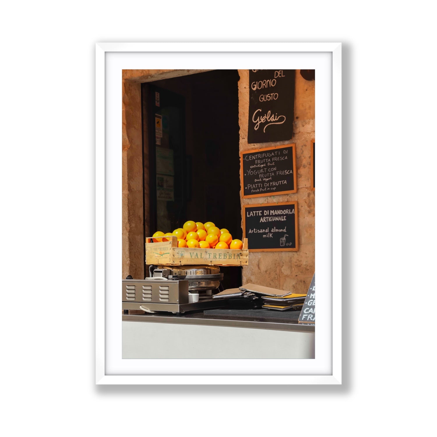 Luminous Citrus Puglia Ostuni Italian wall art Giant fine art print in white frame with matboard