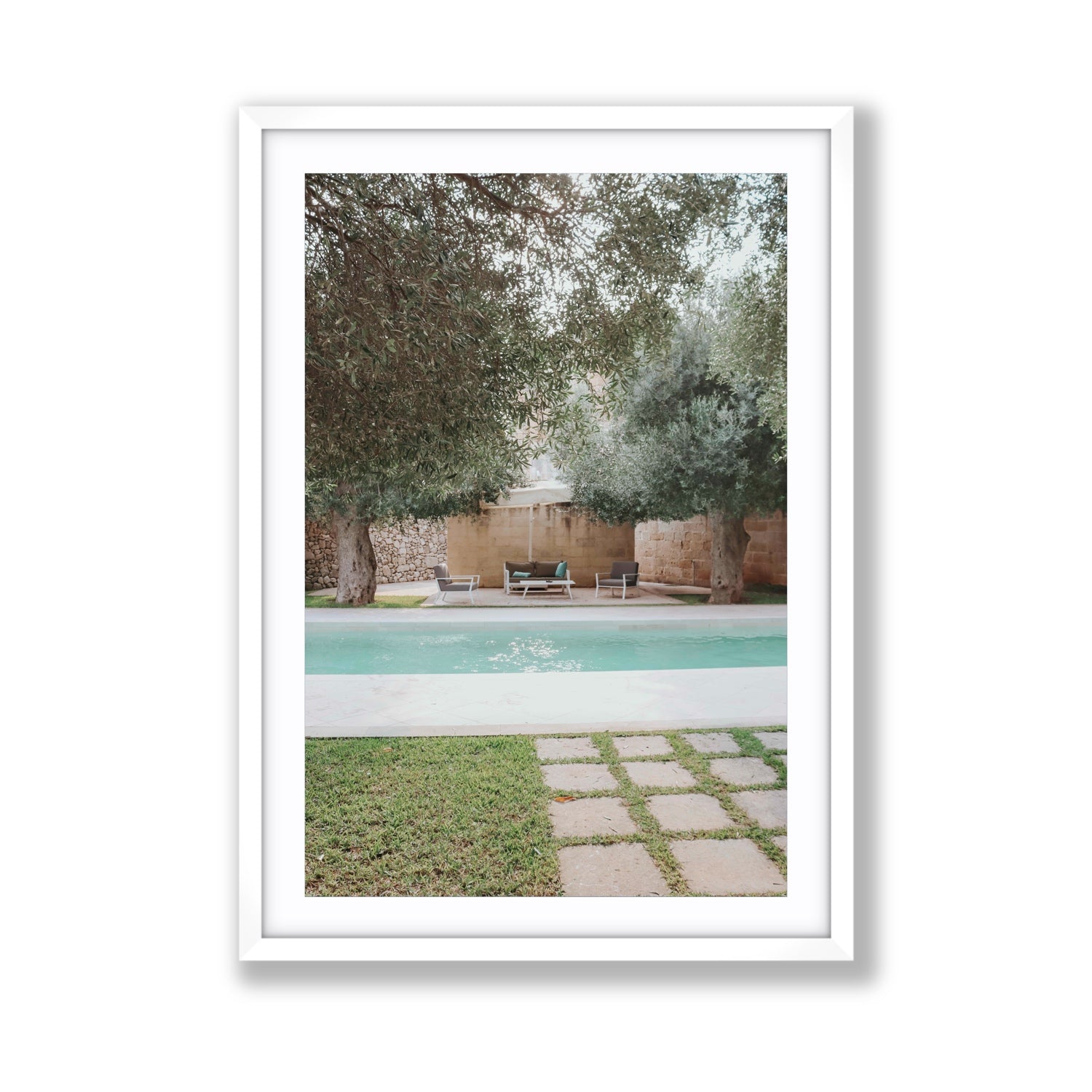 Idyllic Escape Puglia Mediterranean wall art Giant fine art print in white frame with matboard