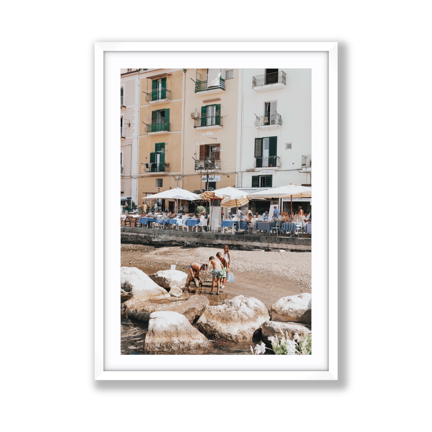 Sunny Playtime Sorrento coastal wall art Giant fine art print in white frame with matboard