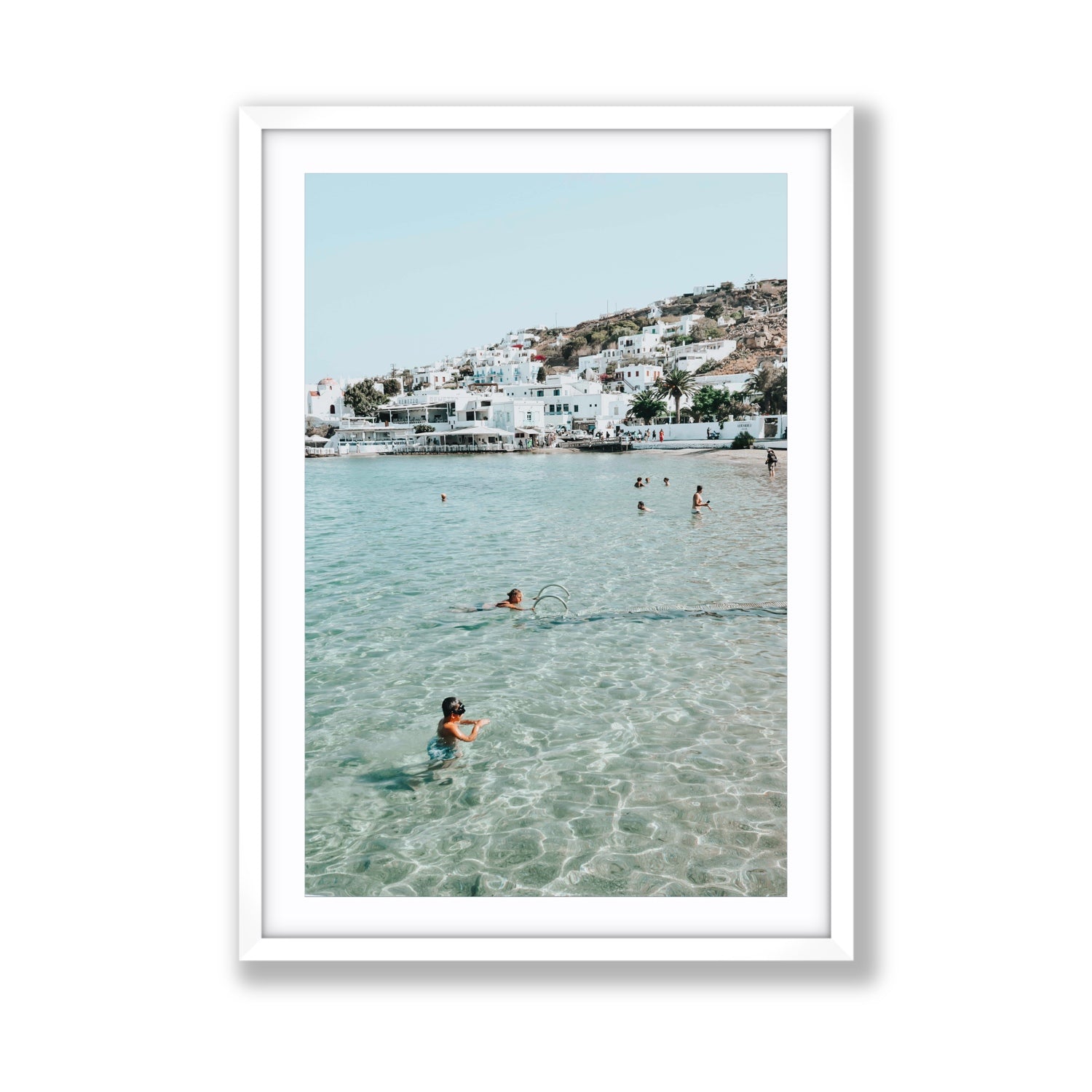 Beside The Seaside Mykonos beach Greek island wall art Giant fine art print in white frame with matboard