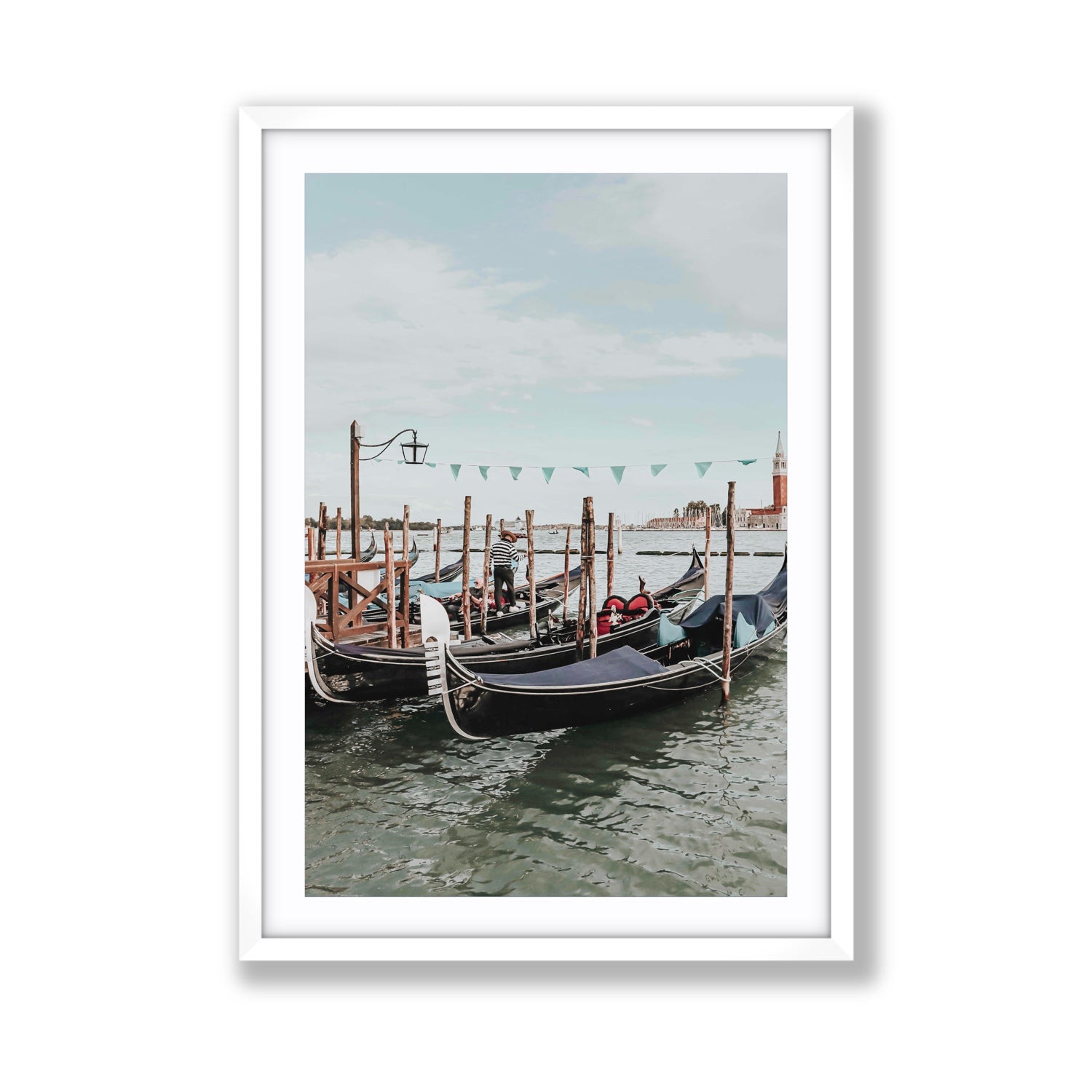 The Gondolier Venice Gondola Italian wall art Giant fine art print in white frame with matboard