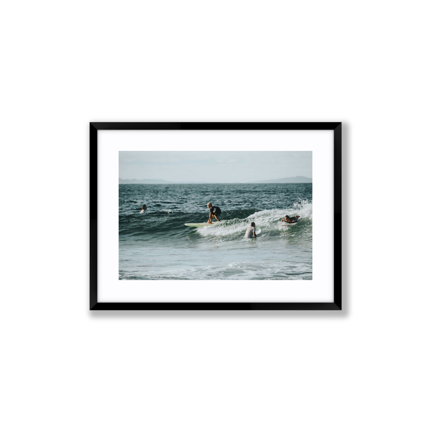 The Boys of Summer Byron Bay Surf coastal wall art Medium fine art print in black frame with matboard