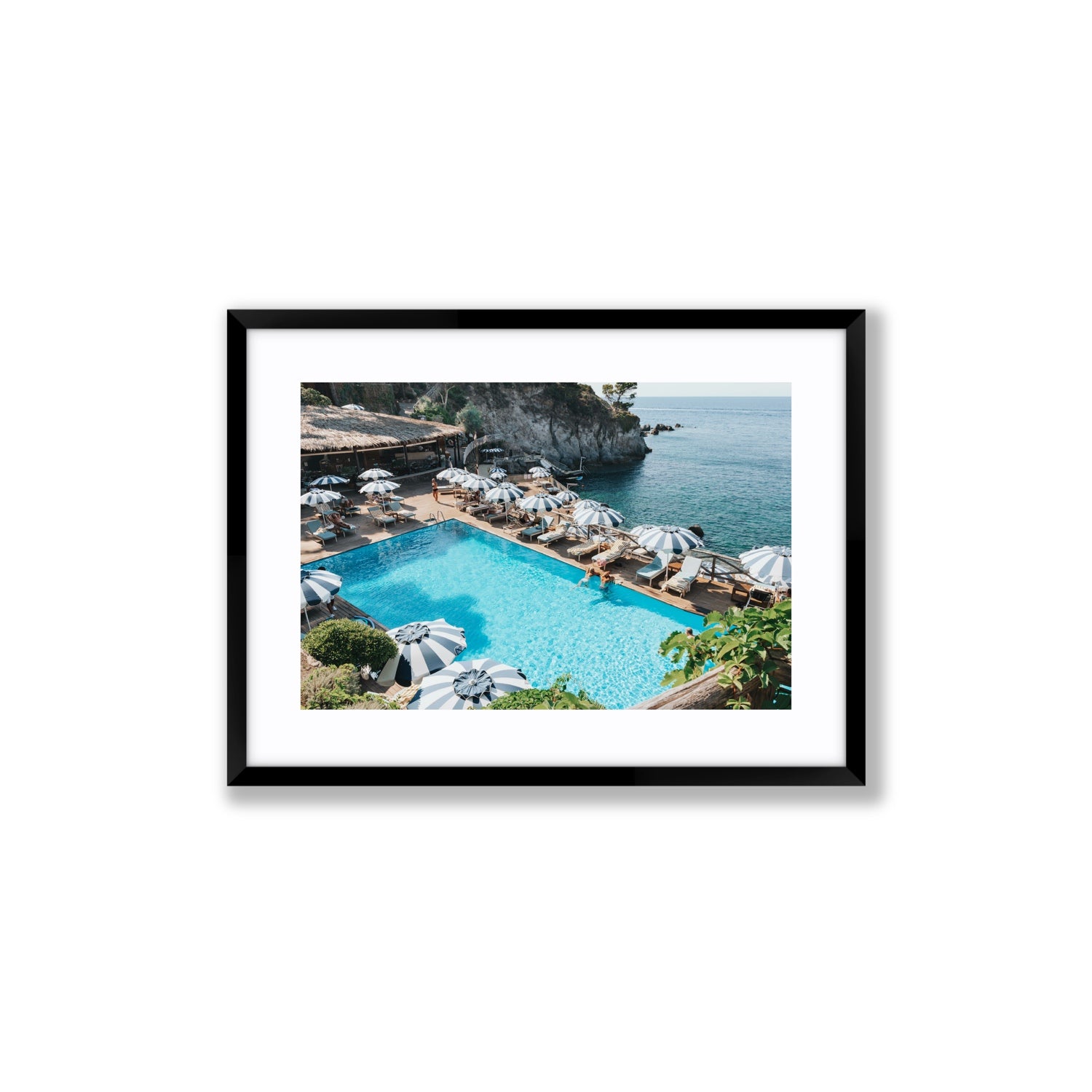 Oceanview Ischia Italian coastal wall art Medium fine art print in black frame with matboard