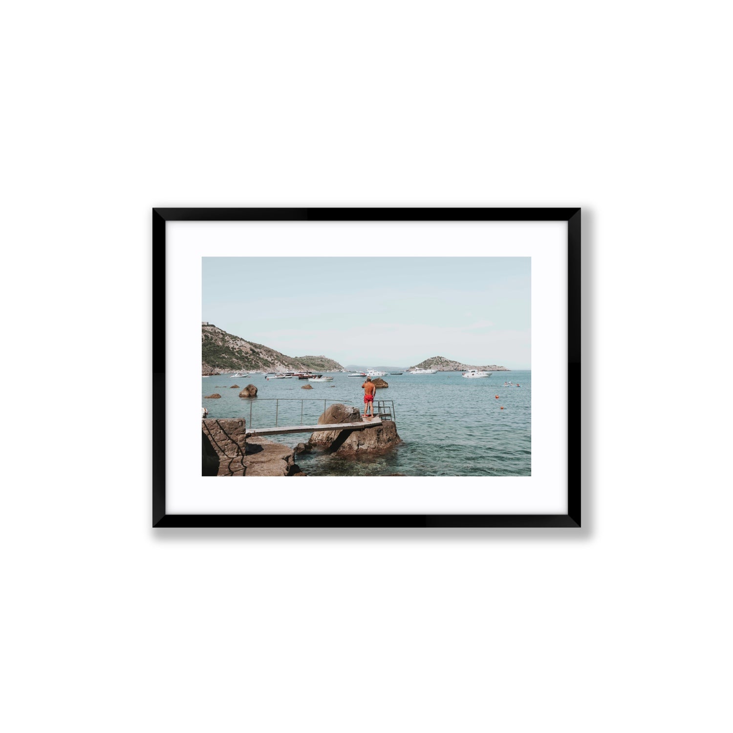 Out Of Office Tuscany coastal Italian wall art Medium fine art print in black frame with matboard
