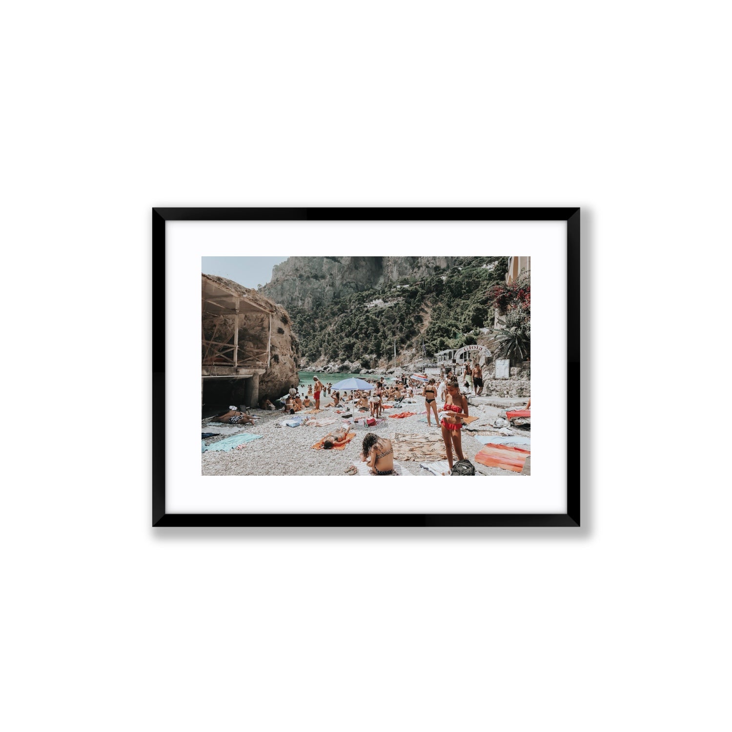 Spiaggia Da Gioia Capri beach coastal wall art Medium fine art print in black frame with matboard