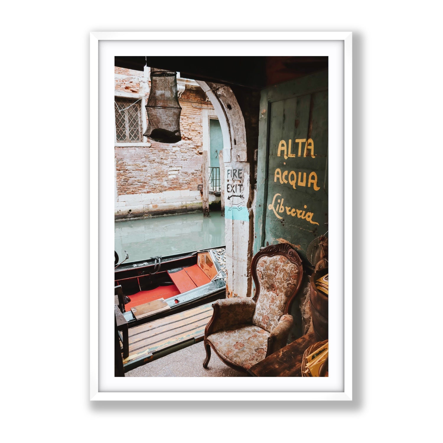 Alta Acqua Venice Bookstore wall art Gallery fine art print in white frame with matboard