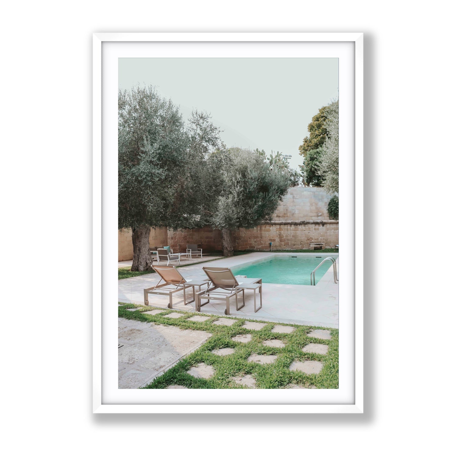 Olive Oasis Puglia Mediterranean wall art Gallery fine art print in white frame with matboard