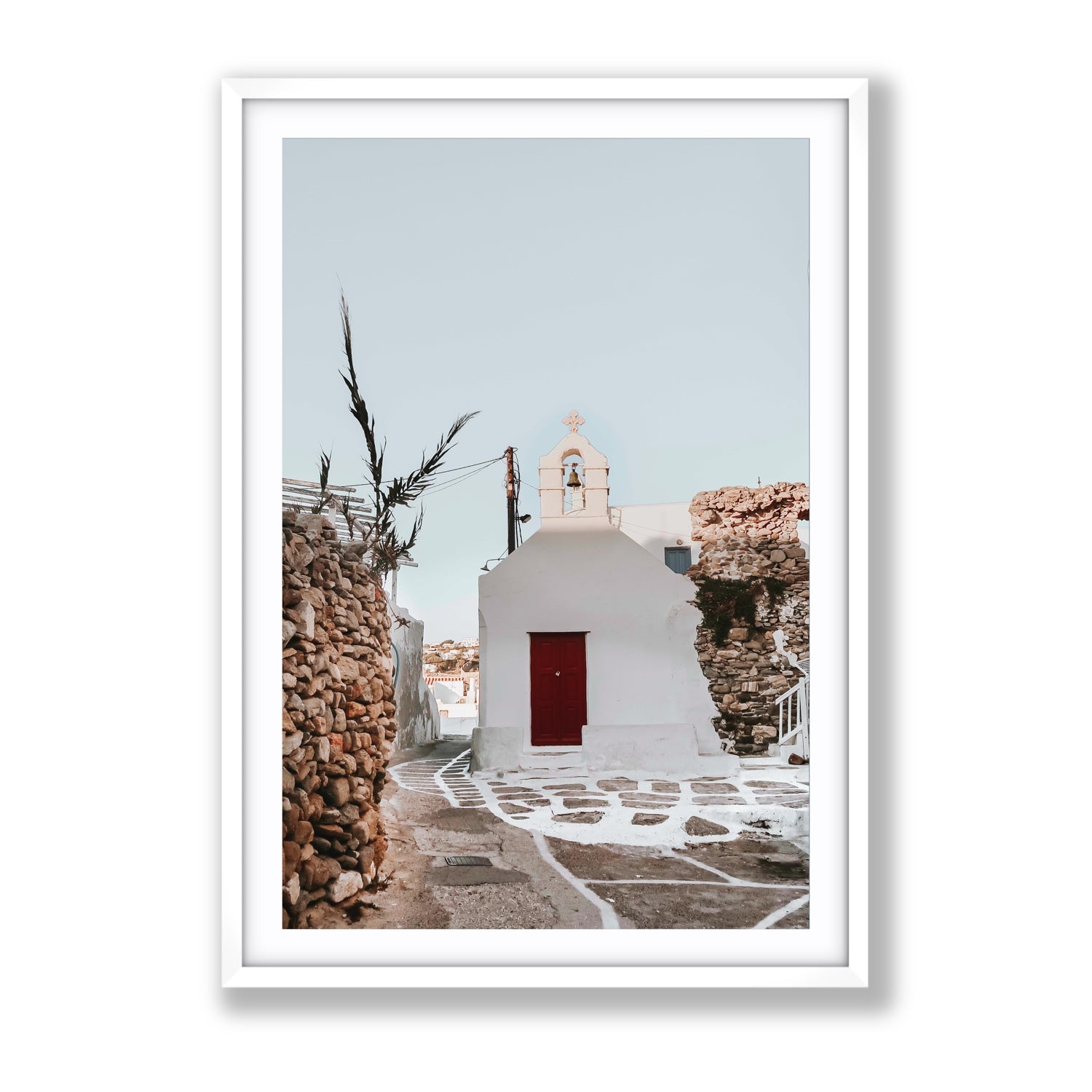 Little Chapel Mykonos Greek island wall art Gallery fine art print in white frame with matboard