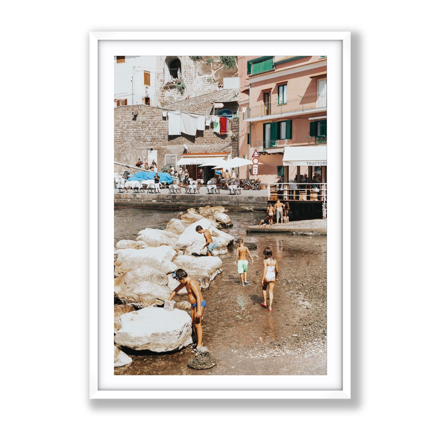 The Beachcombers Sorrento beach coastal wall art Gallery fine art print in white frame with matboard