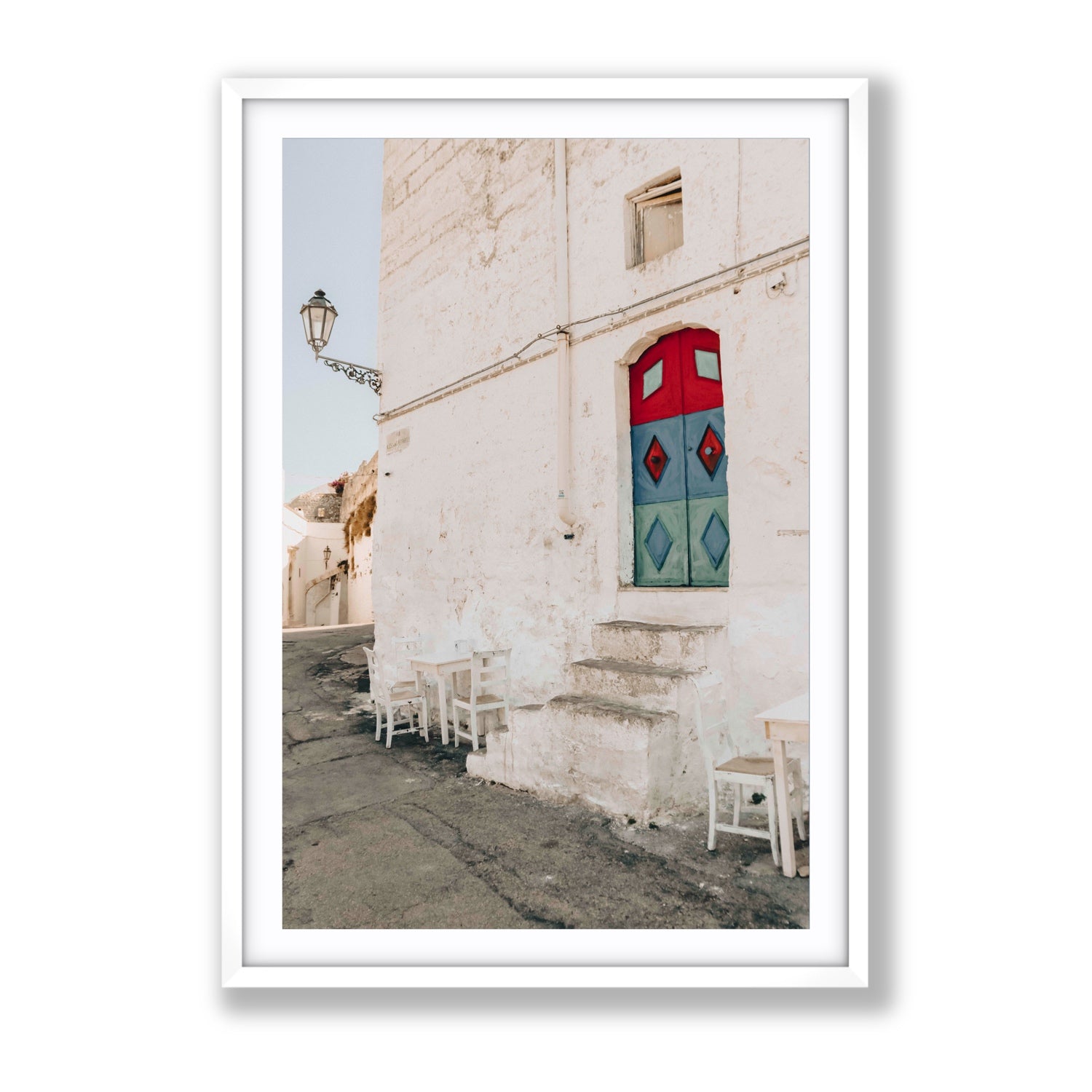 Doorway Delight Puglia Ostuni wall art Gallery fine art print in white frame with matboard