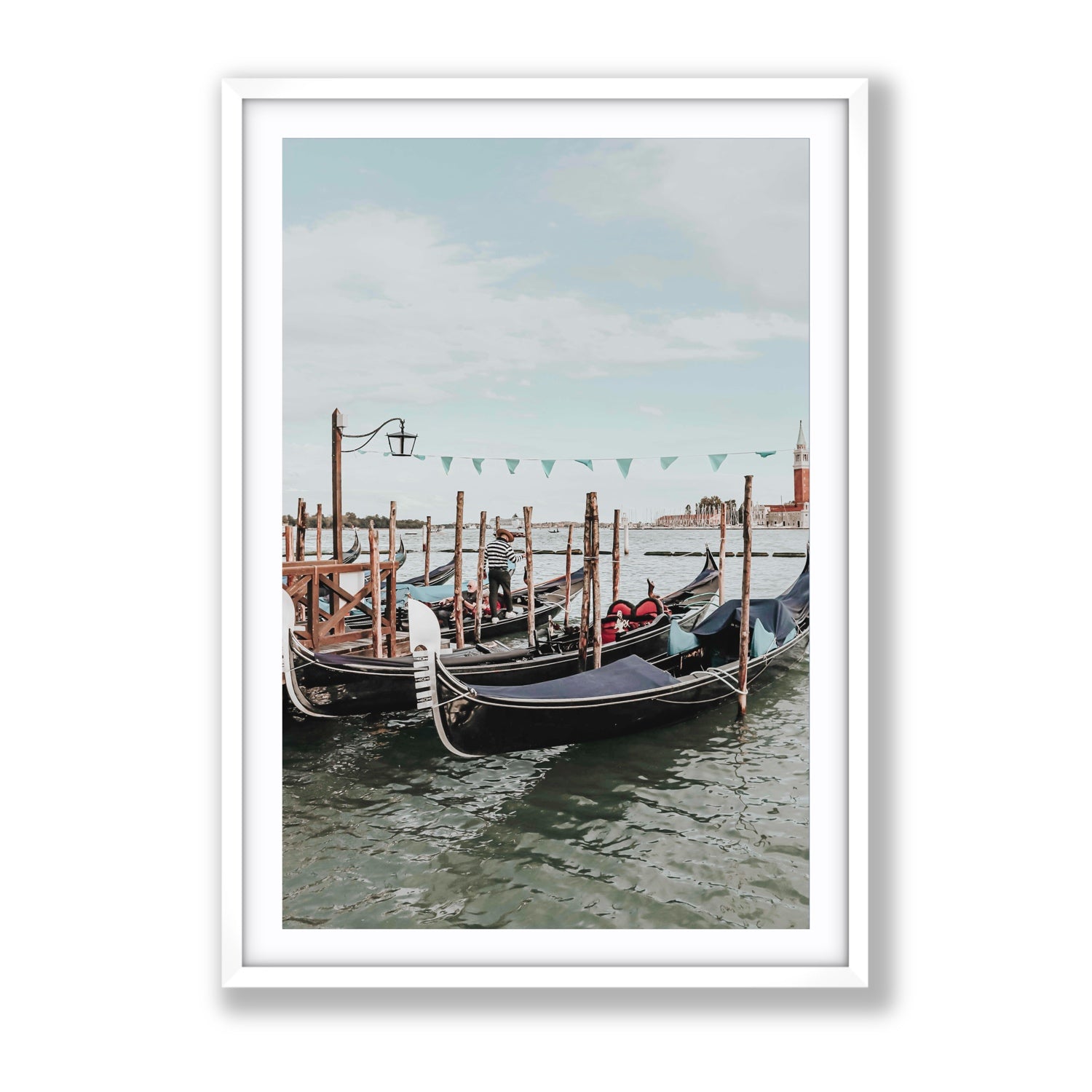 The Gondolier Venice Gondola Italian wall art Gallery fine art print in white frame with matboard